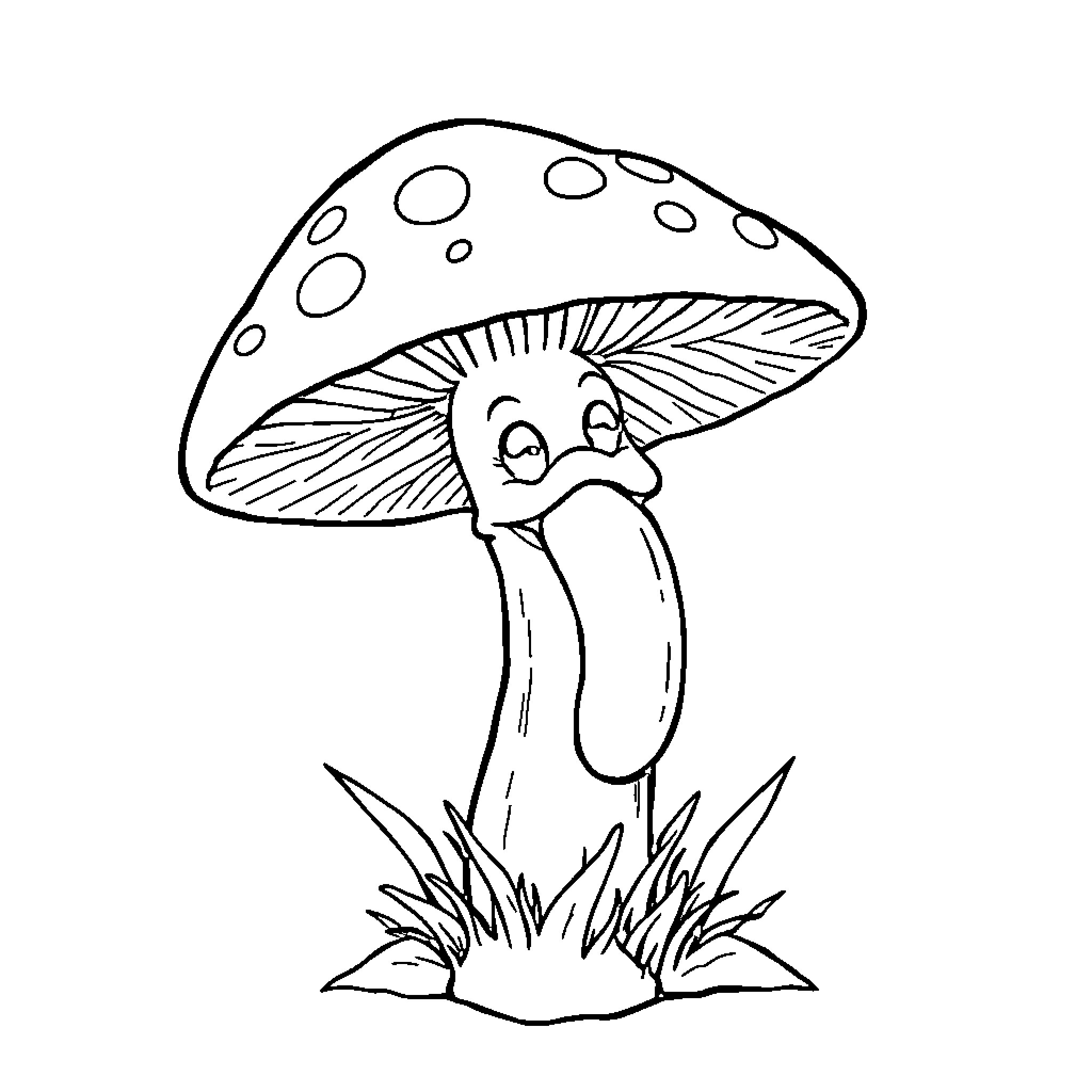 Mushroom with a friendly expression in a field Coloring Page (free black-and-white line drawing printable PDF for all, from beginners to advanced learners, including children, teens, adults, and seniors)
