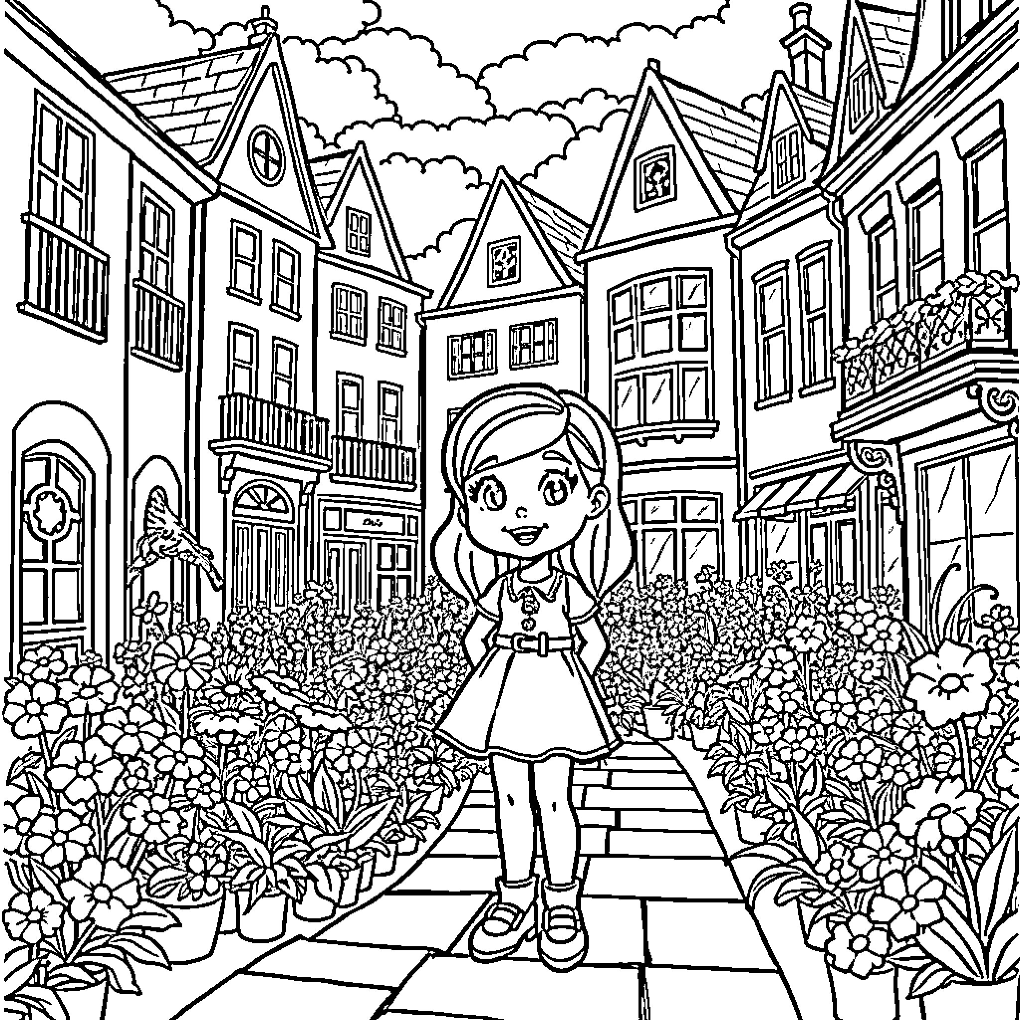 Amelia's Adventure in the Enchanting Town Coloring Page (free black-and-white line drawing printable PDF for all, from beginners to advanced learners, including children, teens, adults, and seniors)