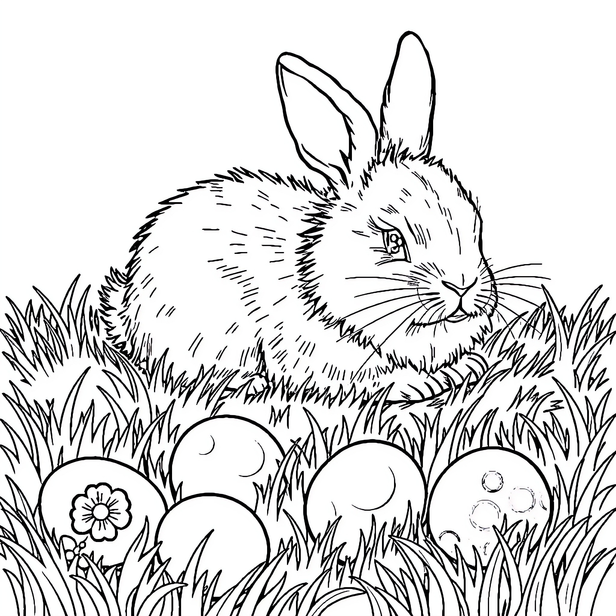 Bunny nestled in grass with Easter eggs Coloring Page (free black-and-white line drawing printable PDF for all, from beginners to advanced learners, including children, teens, adults, and seniors)