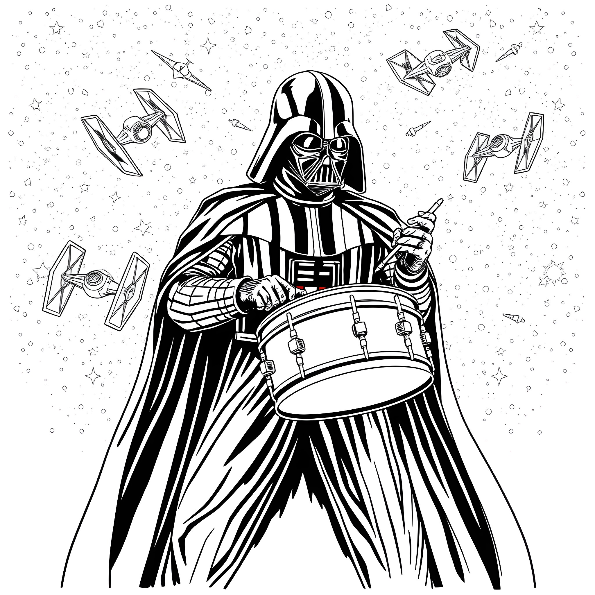 Darth Vader marching with drum and Imperial starfighters Coloring Page (free black-and-white line drawing printable PDF for all, from beginners to advanced learners, including children, teens, adults, and seniors)