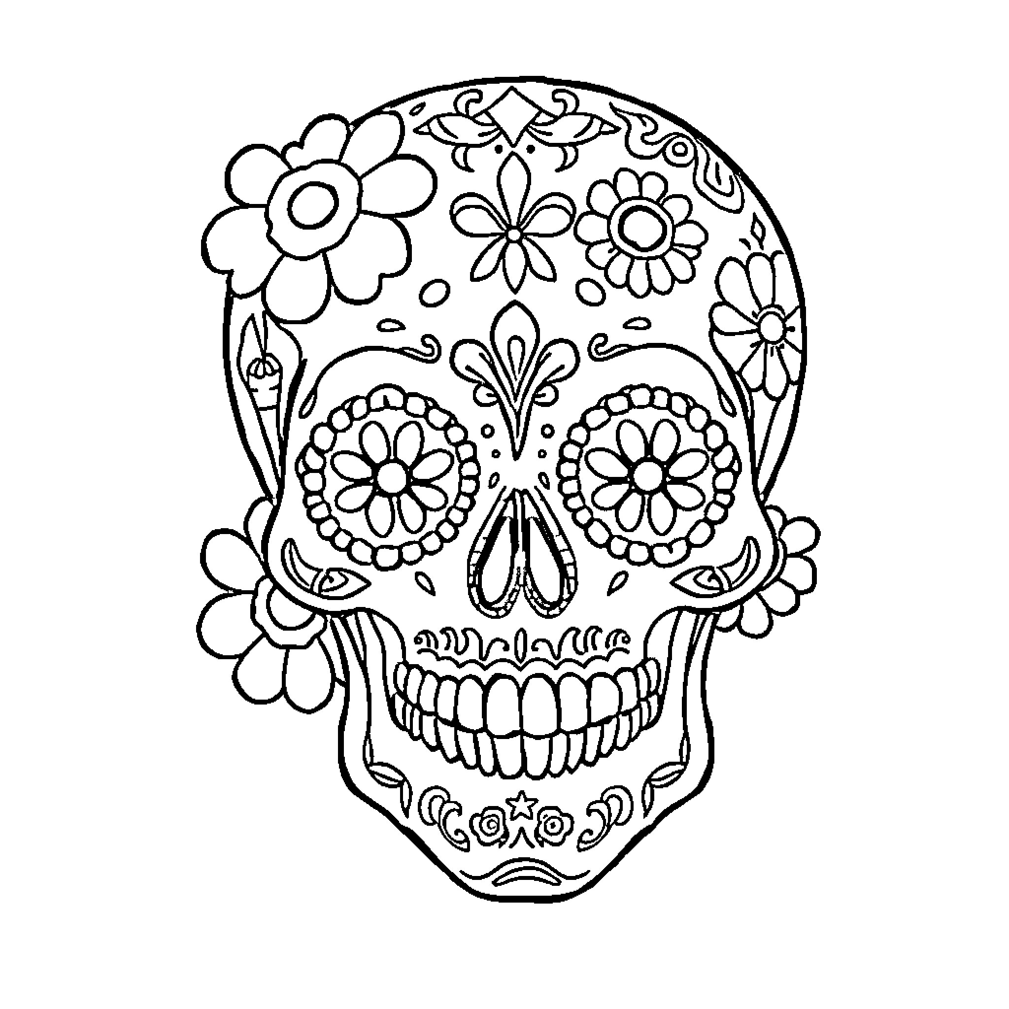 Sugar Skull with Intricate Floral Designs Coloring Page (free black-and-white line drawing printable PDF for all, from beginners to advanced learners, including children, teens, adults, and seniors)