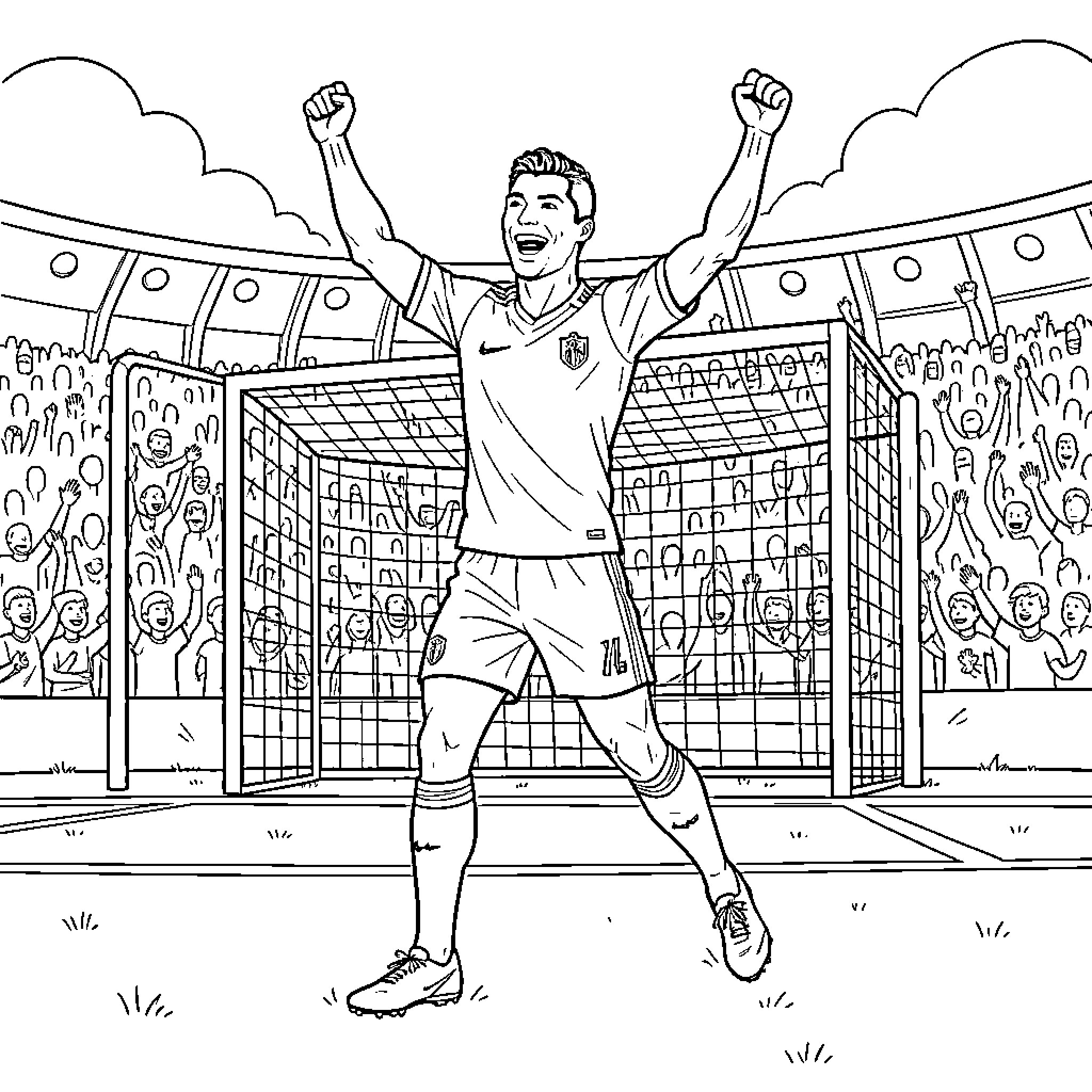 Ronaldo celebrating with raised arms in a packed stadium Coloring Page (free black-and-white line drawing printable PDF for all, from beginners to advanced learners, including children, teens, adults, and seniors)