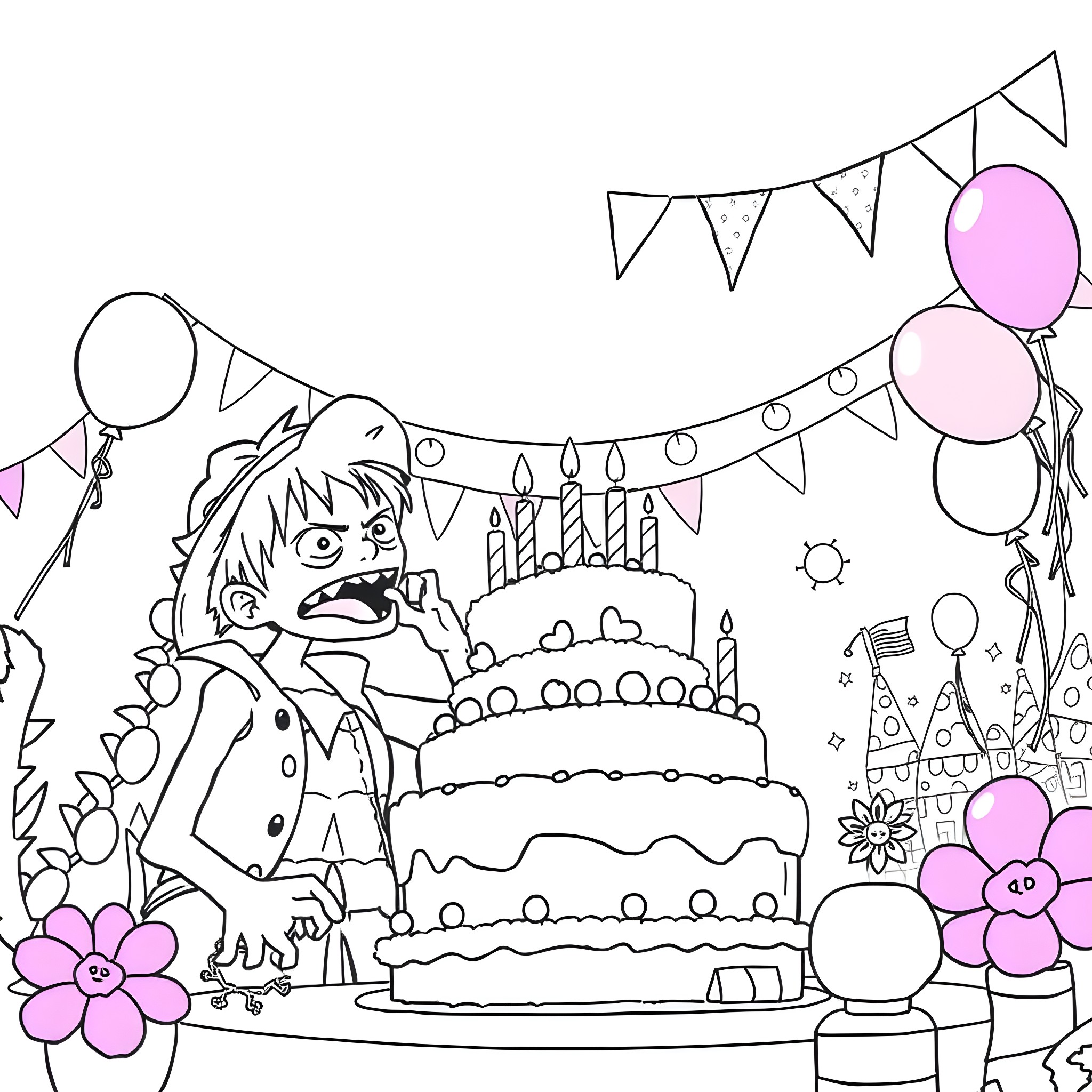 Luffy's Spirited Birthday Celebration Coloring Page (free black-and-white line drawing printable PDF for all, from beginners to advanced learners, including children, teens, adults, and seniors)