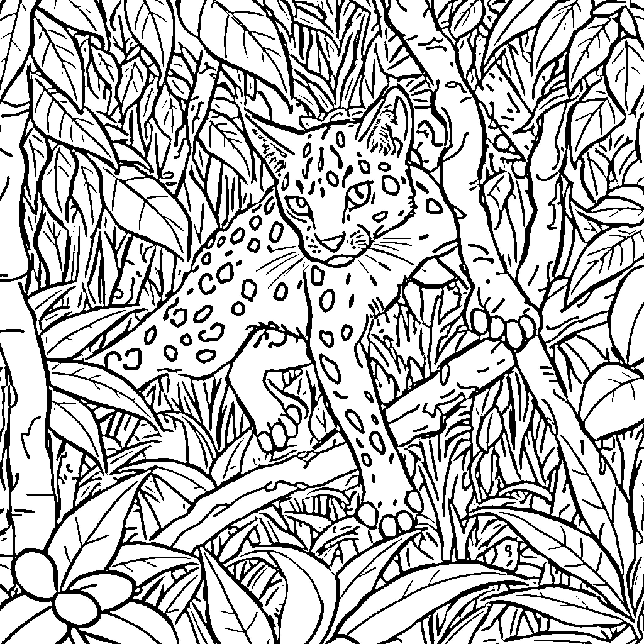 Lynx stalking through the jungle undergrowth Coloring Page (free black-and-white line drawing printable PDF for all, from beginners to advanced learners, including children, teens, adults, and seniors)