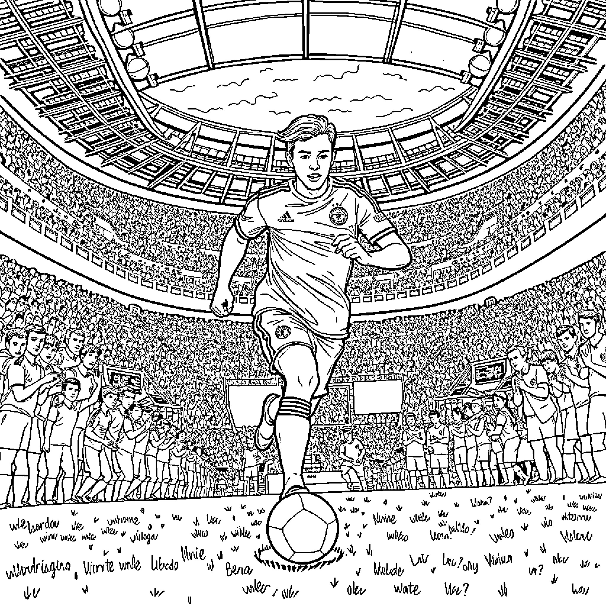 Jugador in action on the soccer field Coloring Page (free black-and-white line drawing printable PDF for all, from beginners to advanced learners, including children, teens, adults, and seniors)