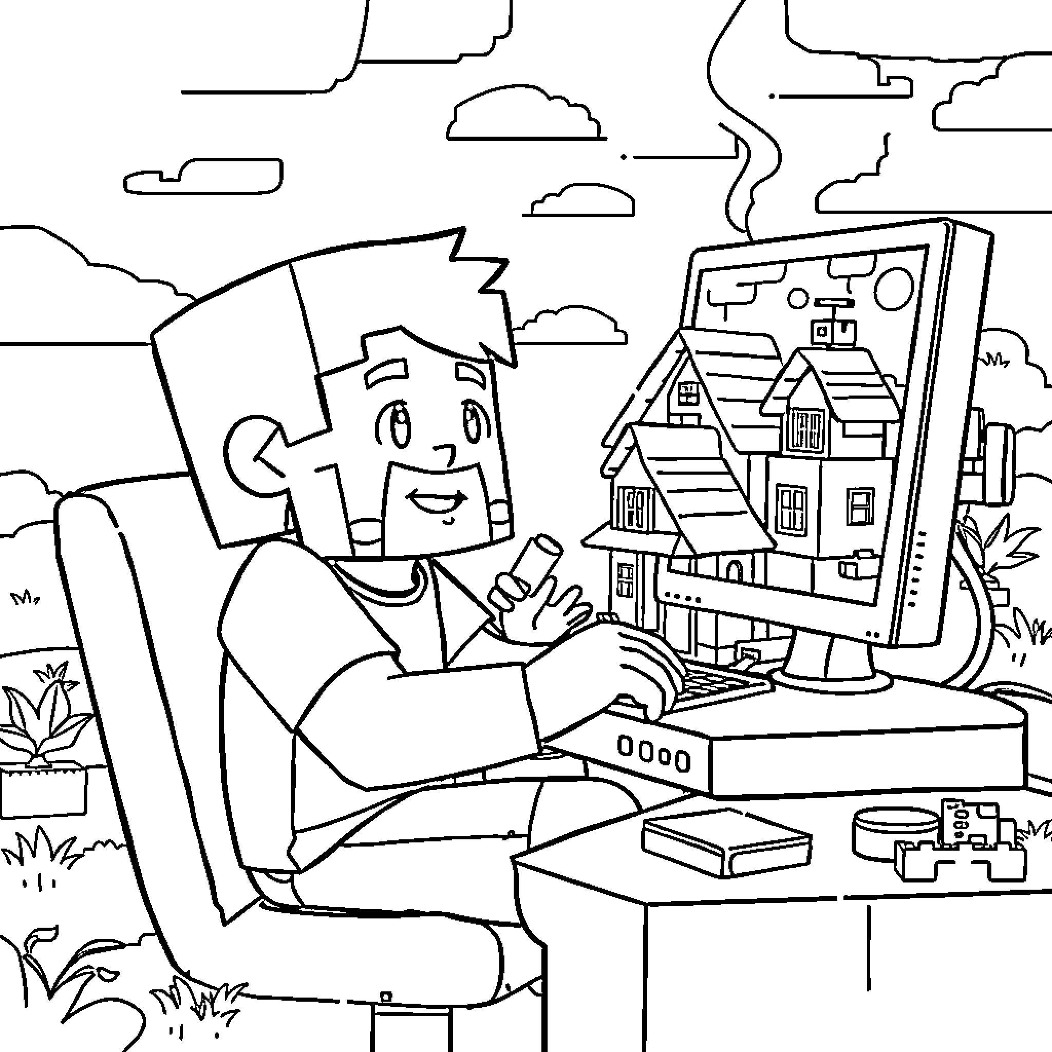 Labubu playing on a computer in a cozy house Coloring Page (free black-and-white line drawing printable PDF for all, from beginners to advanced learners, including children, teens, adults, and seniors)