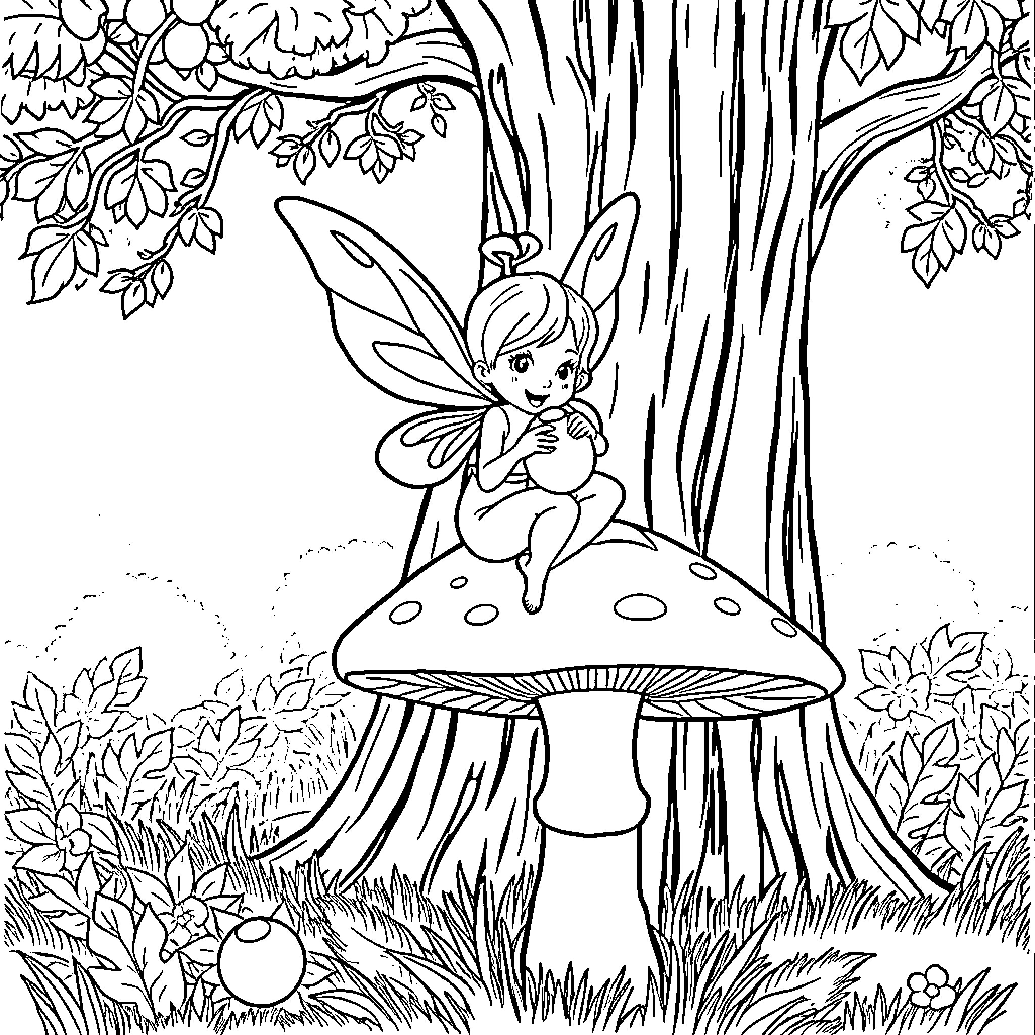 Fairy resting on a mushroom in the forest Coloring Page (free black-and-white line drawing printable PDF for all, from beginners to advanced learners, including children, teens, adults, and seniors)