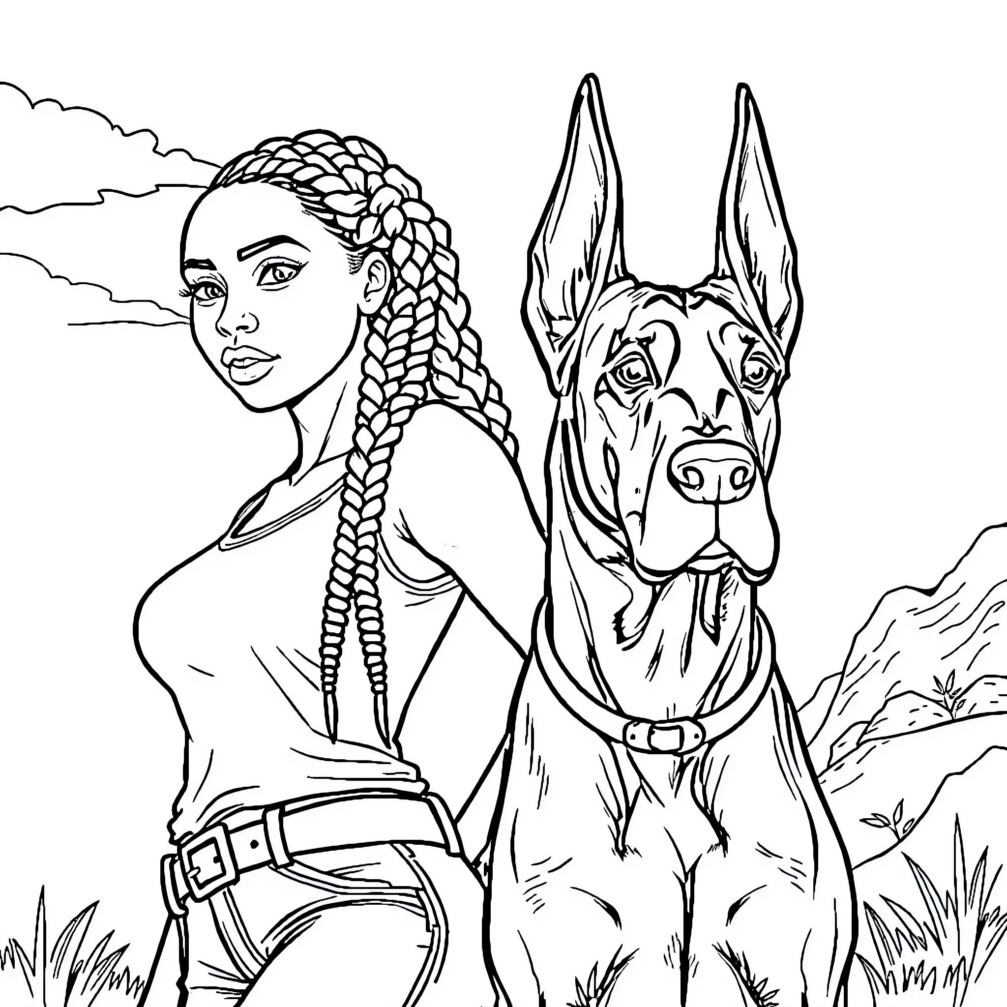 Woman with braided hair and pet dog in nature Coloring Page (free black-and-white line drawing printable PDF for all, from beginners to advanced learners, including children, teens, adults, and seniors)