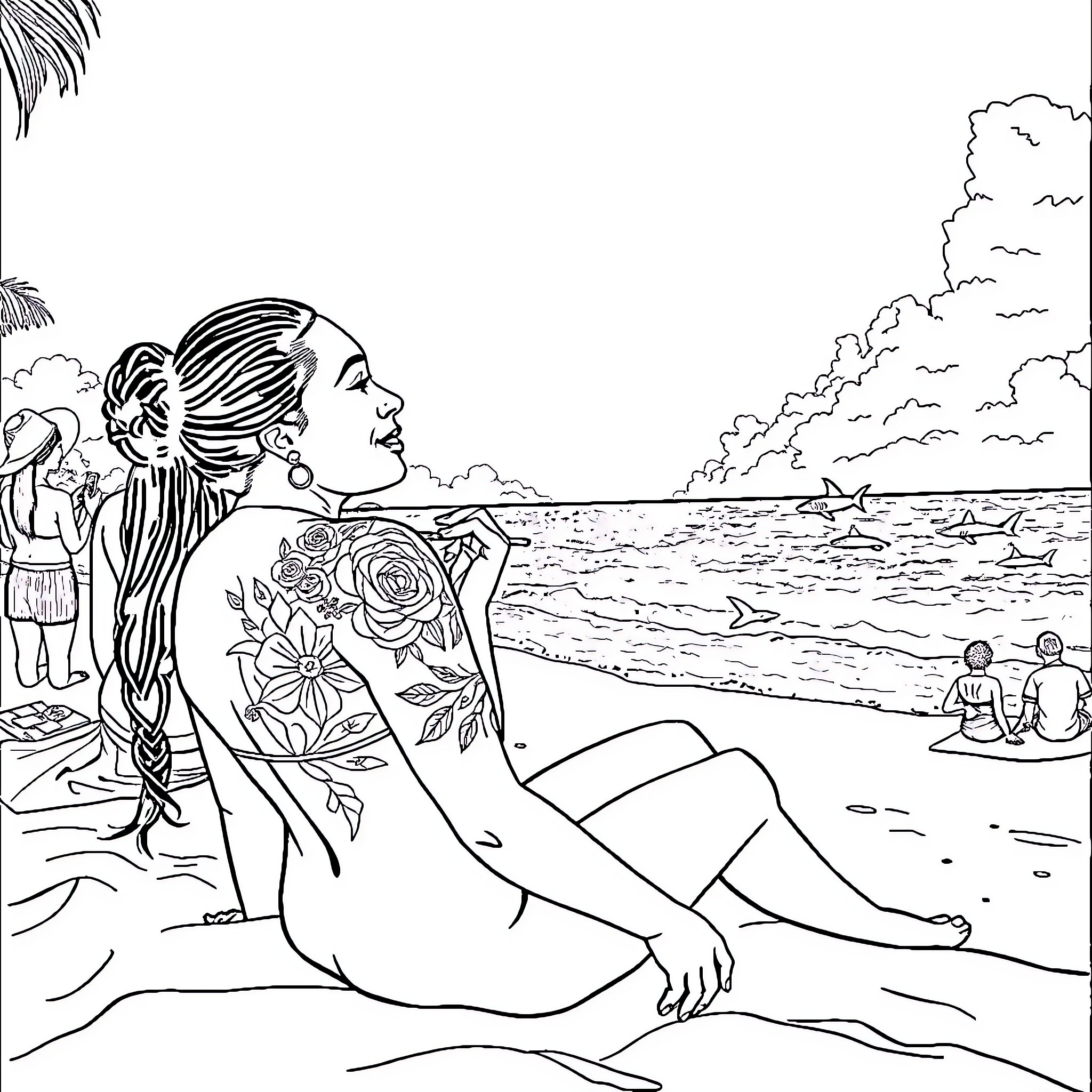 Woman enjoying a peaceful day at the beach Coloring Page (free black-and-white line drawing printable PDF for all, from beginners to advanced learners, including children, teens, adults, and seniors)