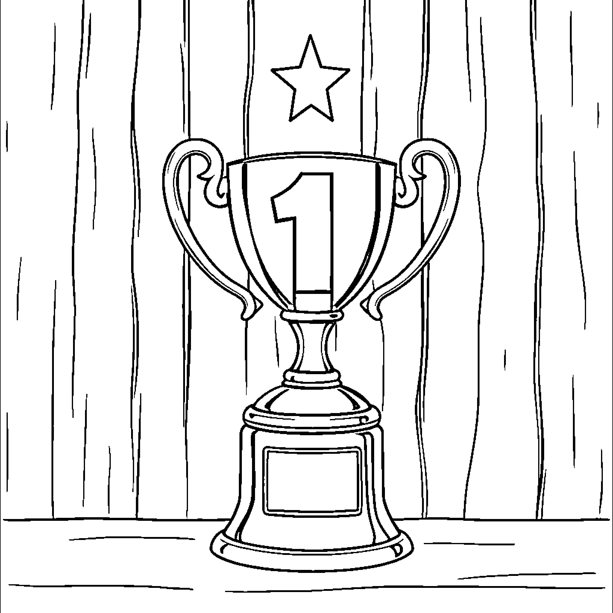 Number One: Winning Trophy on Wooden Background Coloring Page (free black-and-white line drawing printable PDF for all, from beginners to advanced learners, including children, teens, adults, and seniors)