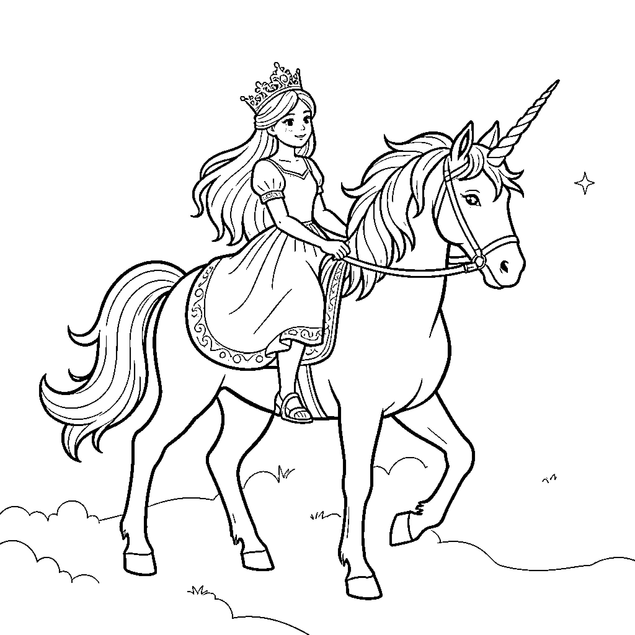 Princess riding a magical unicorn through a field Coloring Page (free black-and-white line drawing printable PDF for all, from beginners to advanced learners, including children, teens, adults, and seniors)