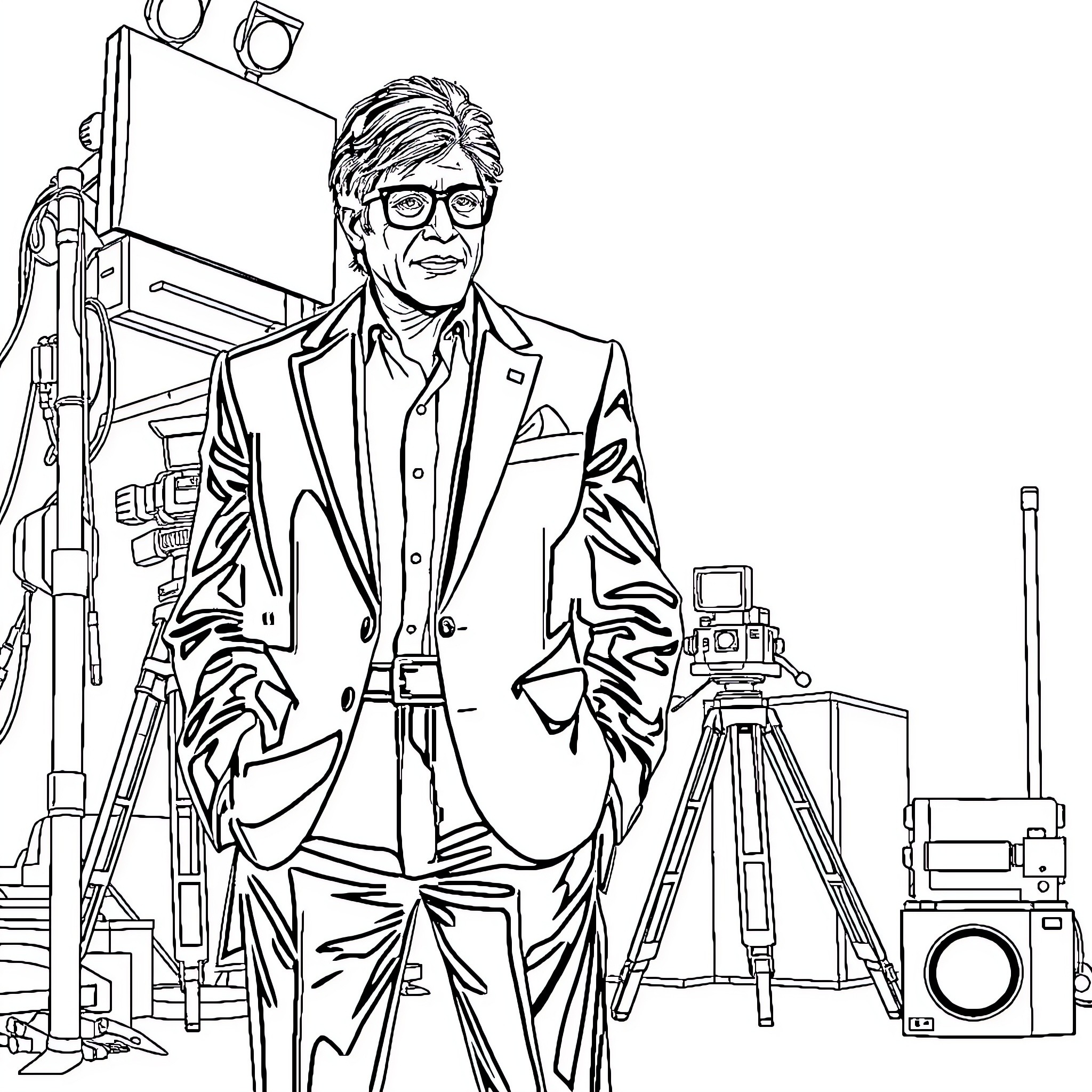 Amitabh Bachchan in a professional setting with camera equipment Coloring Page (free black-and-white line drawing printable PDF for all, from beginners to advanced learners, including children, teens, adults, and seniors)