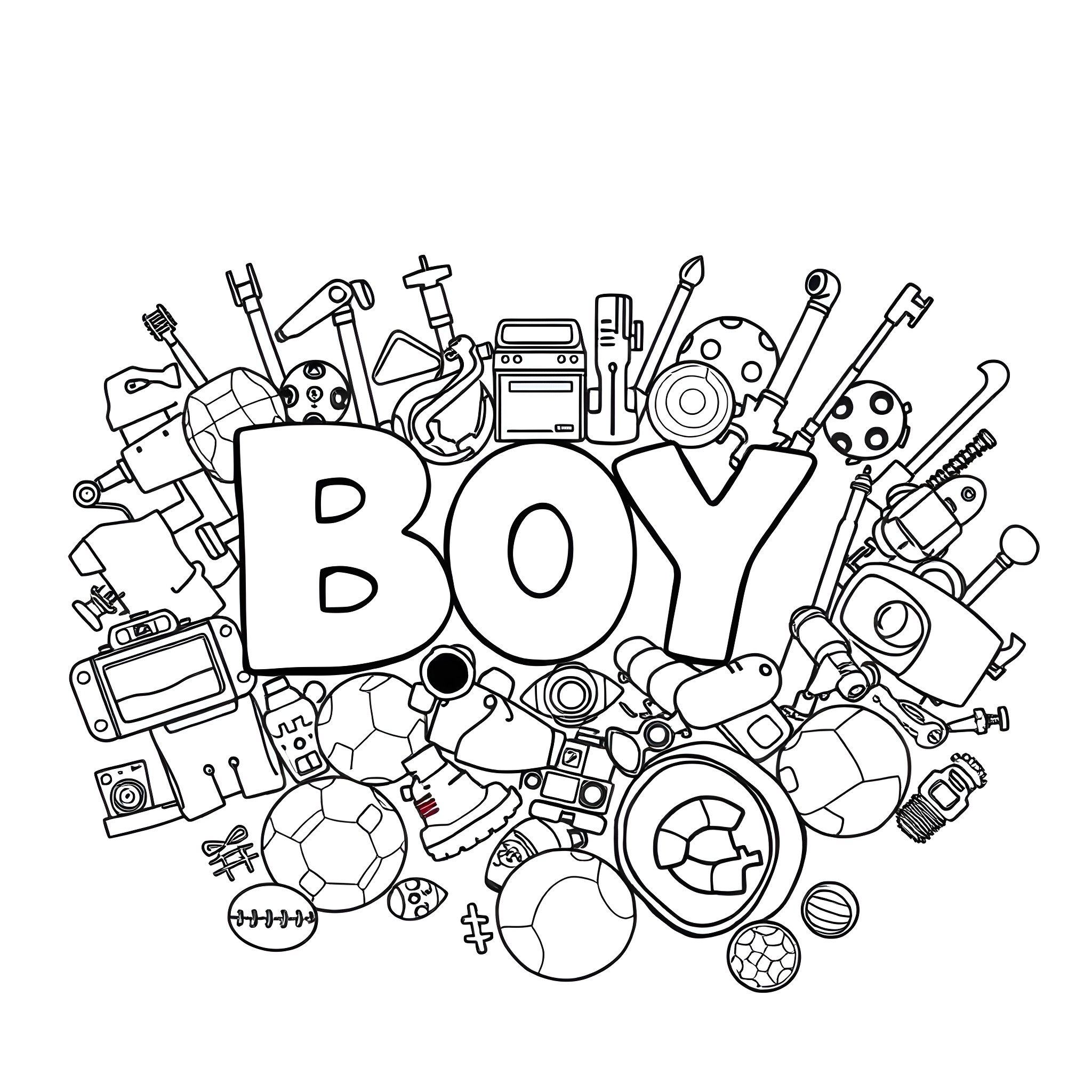 Boy surrounded by toys and sports equipment Coloring Page (free black-and-white line drawing printable PDF for all, from beginners to advanced learners, including children, teens, adults, and seniors)