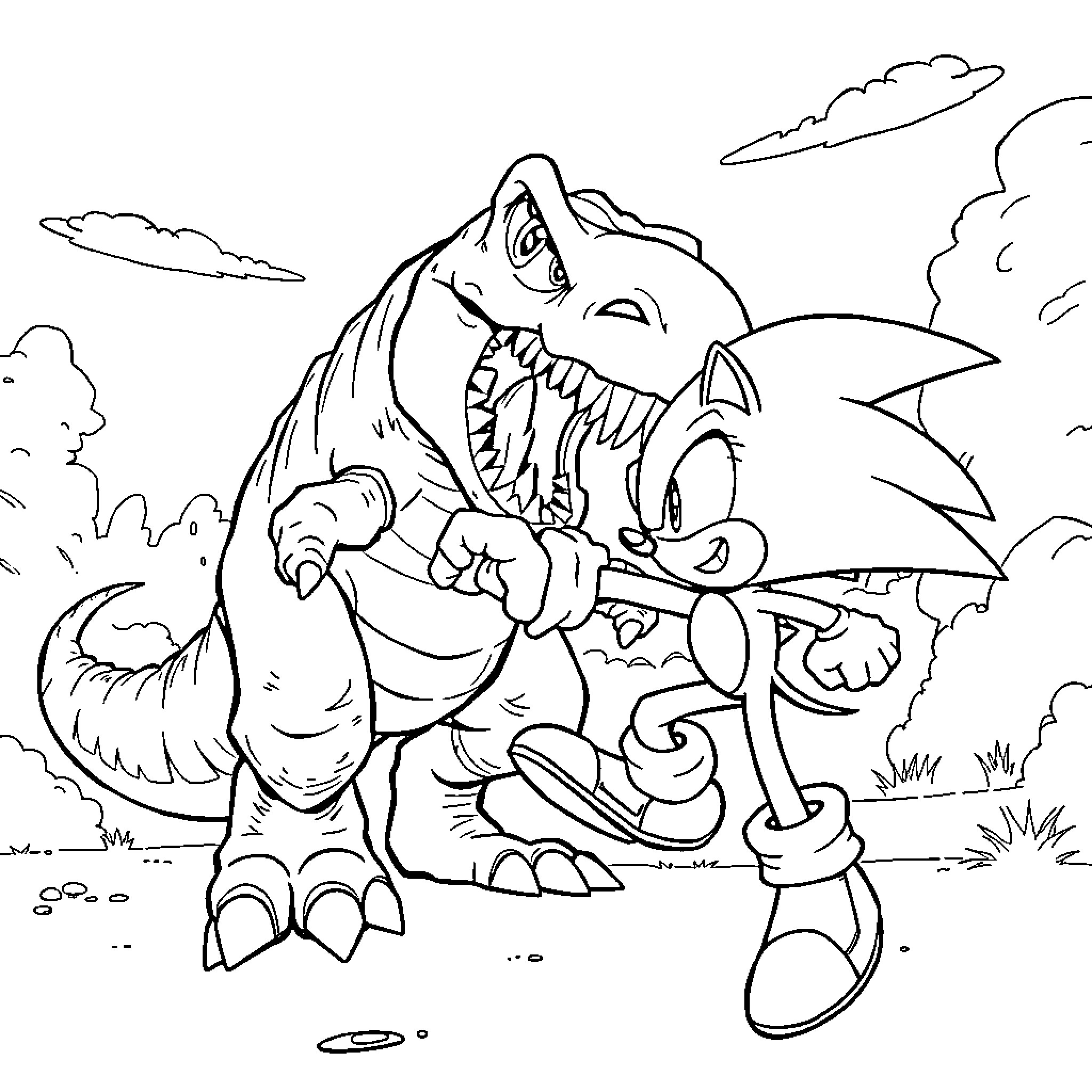 Sonic battling a fierce dinosaur in the wild Coloring Page (free black-and-white line drawing printable PDF for all, from beginners to advanced learners, including children, teens, adults, and seniors)