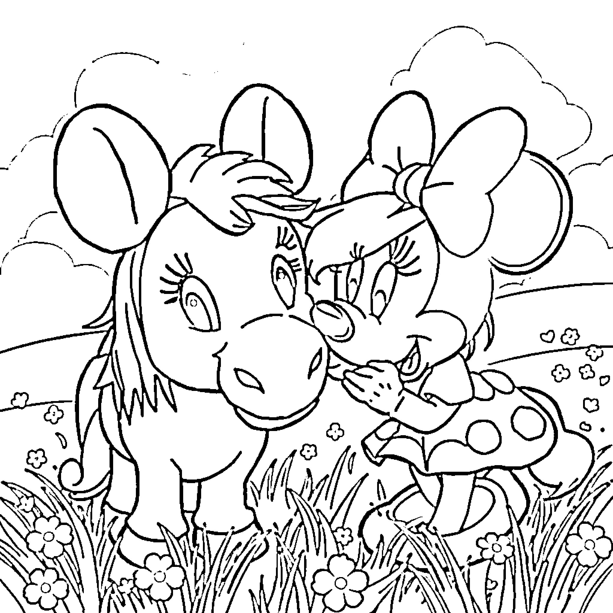 Minnie Mouse playing with pet in flower field Coloring Page (free black-and-white line drawing printable PDF for all, from beginners to advanced learners, including children, teens, adults, and seniors)