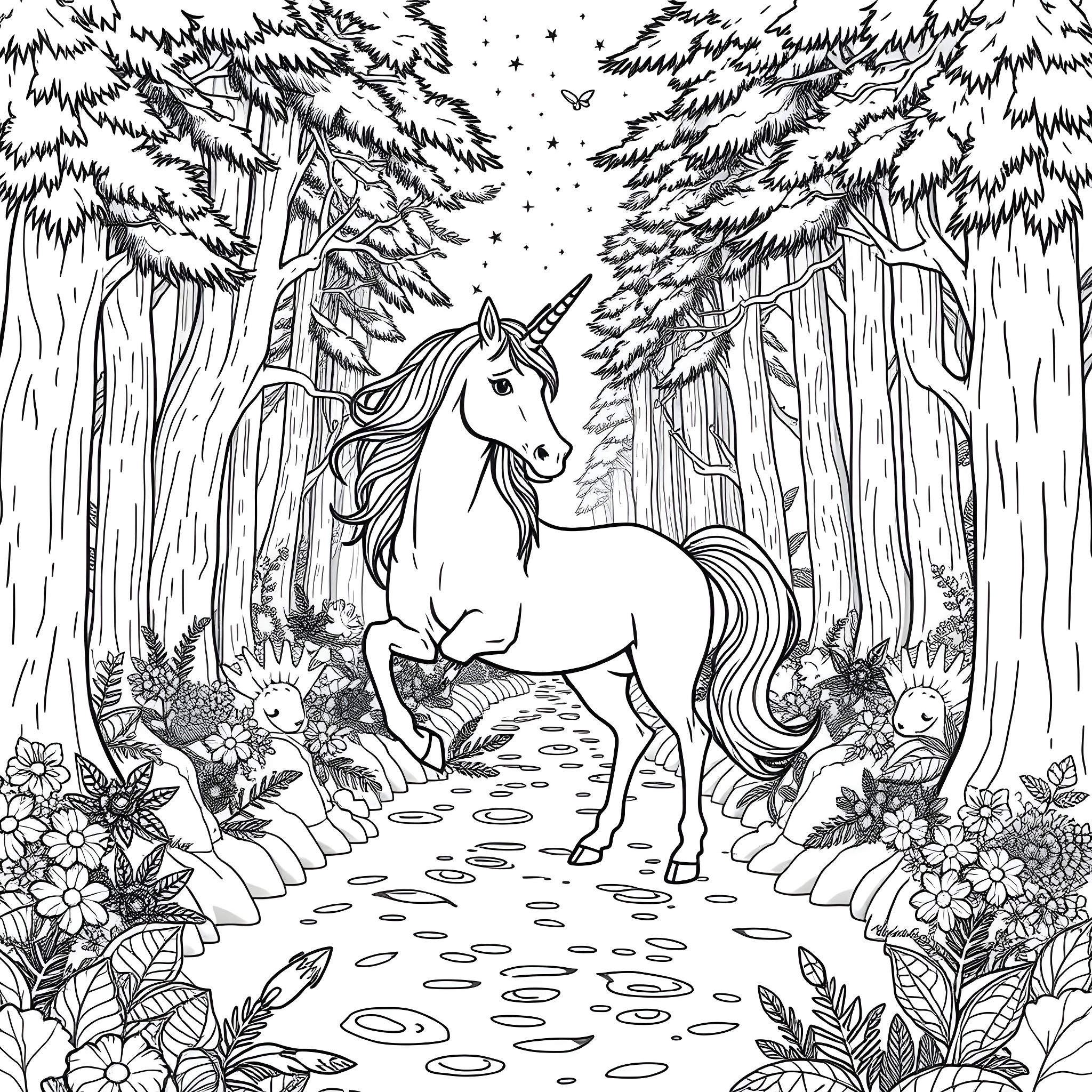 Unicorn Wandering Through Enchanted Forest Coloring Page (free black-and-white line drawing printable PDF for all, from beginners to advanced learners, including children, teens, adults, and seniors)