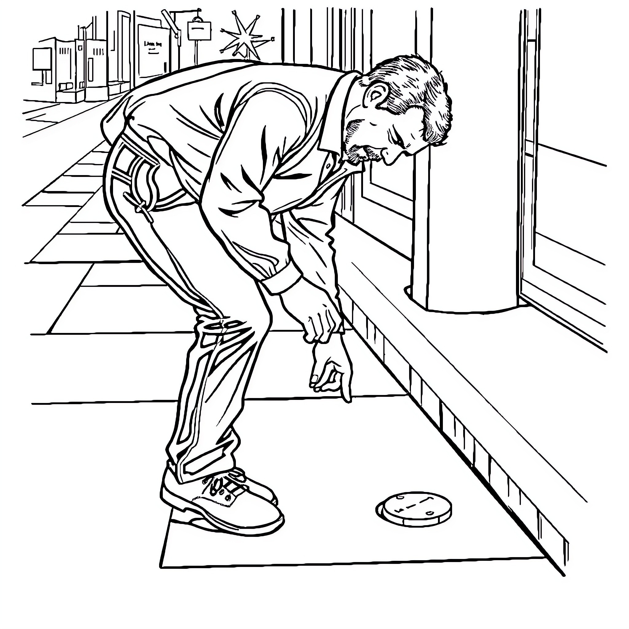 Man helping a fallen object on the street Coloring Page (free black-and-white line drawing printable PDF for all, from beginners to advanced learners, including children, teens, adults, and seniors)