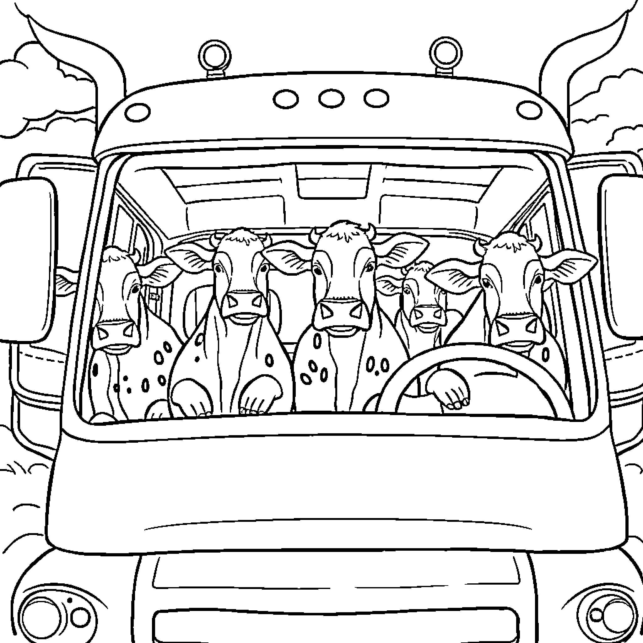 Cow passengers riding in a vehicle Coloring Page (free black-and-white line drawing printable PDF for all, from beginners to advanced learners, including children, teens, adults, and seniors)