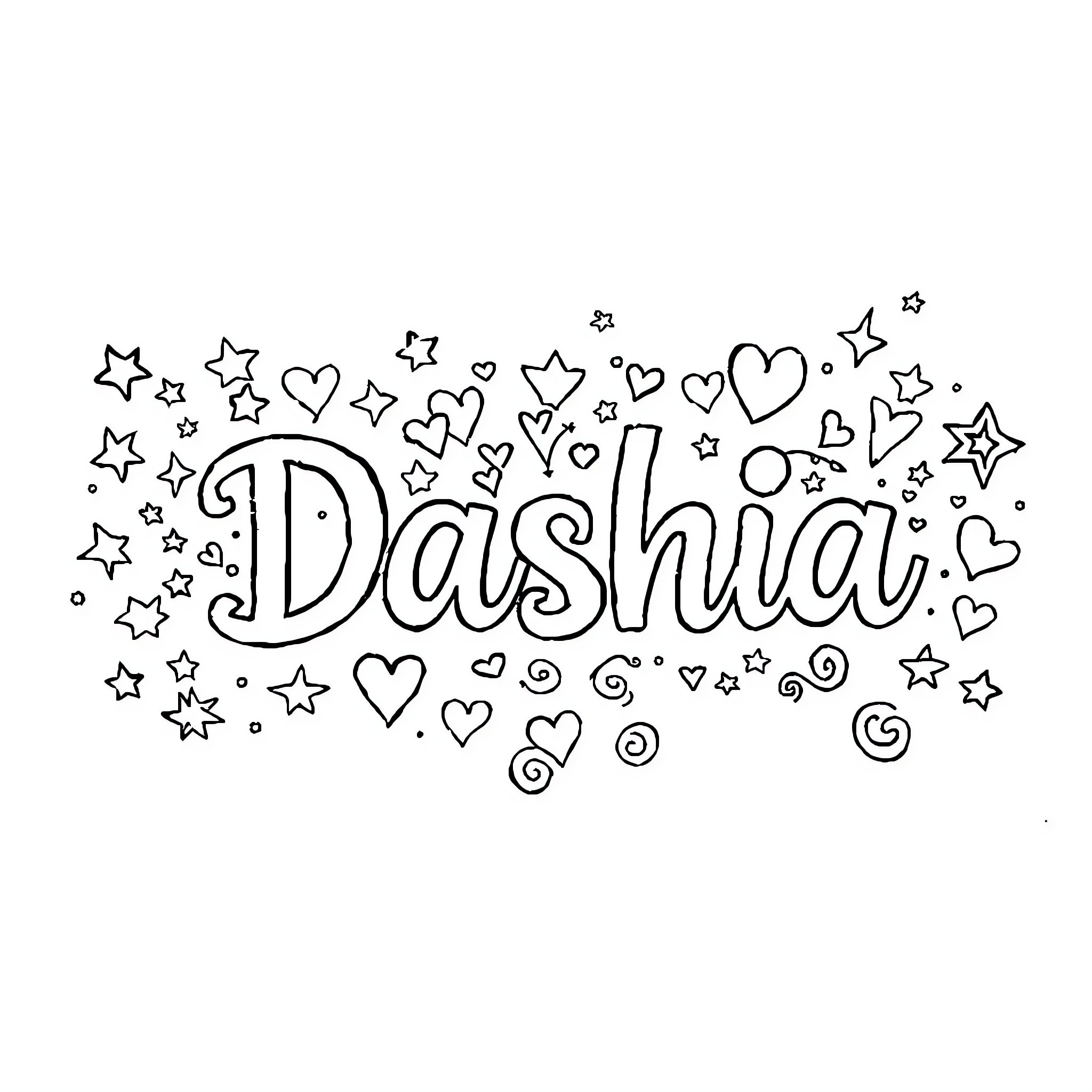 Dashia's Whimsical Doodle with Hearts and Stars Coloring Page (free black-and-white line drawing printable PDF for all, from beginners to advanced learners, including children, teens, adults, and seniors)