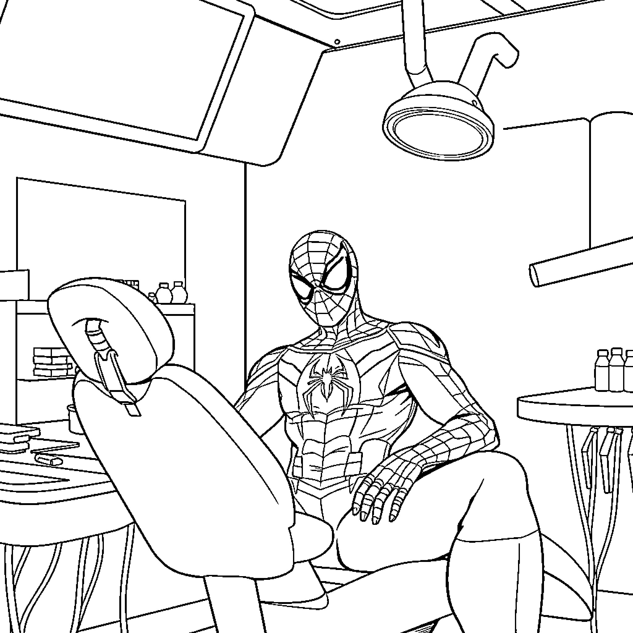 Spiderman in a Medical Office Coloring Page (free black-and-white line drawing printable PDF for all, from beginners to advanced learners, including children, teens, adults, and seniors)