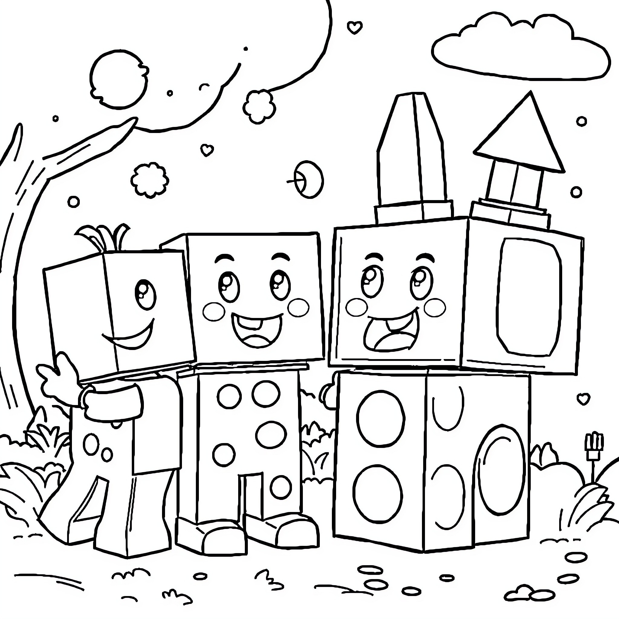 Numberblocks characters enjoying outdoor scenery Coloring Page (free black-and-white line drawing printable PDF for all, from beginners to advanced learners, including children, teens, adults, and seniors)