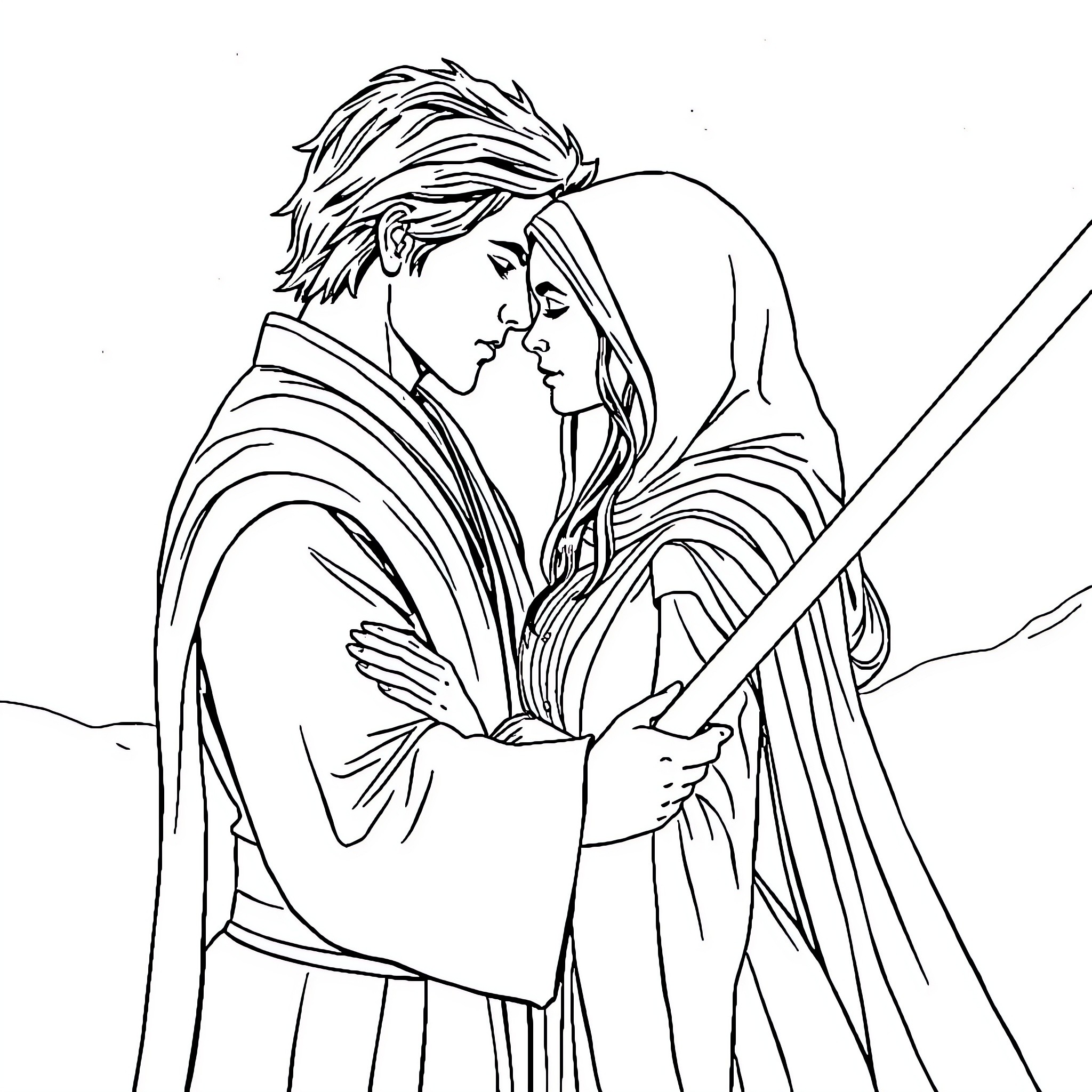 Anakin and Padmé in a tender embrace Coloring Page (free black-and-white line drawing printable PDF for all, from beginners to advanced learners, including children, teens, adults, and seniors)