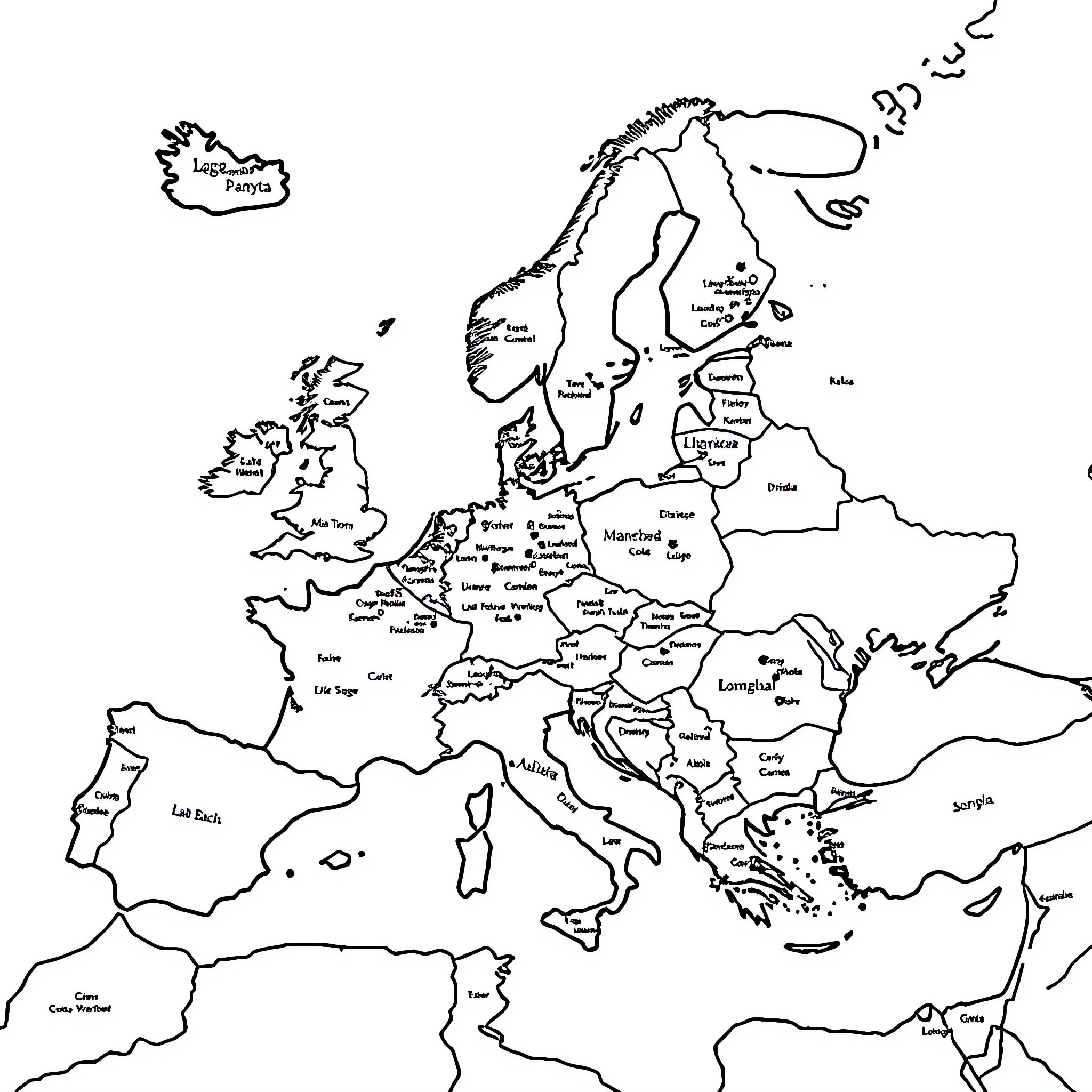 Map of European countries and regions Coloring Page (free black-and-white line drawing printable PDF for all, from beginners to advanced learners, including children, teens, adults, and seniors)