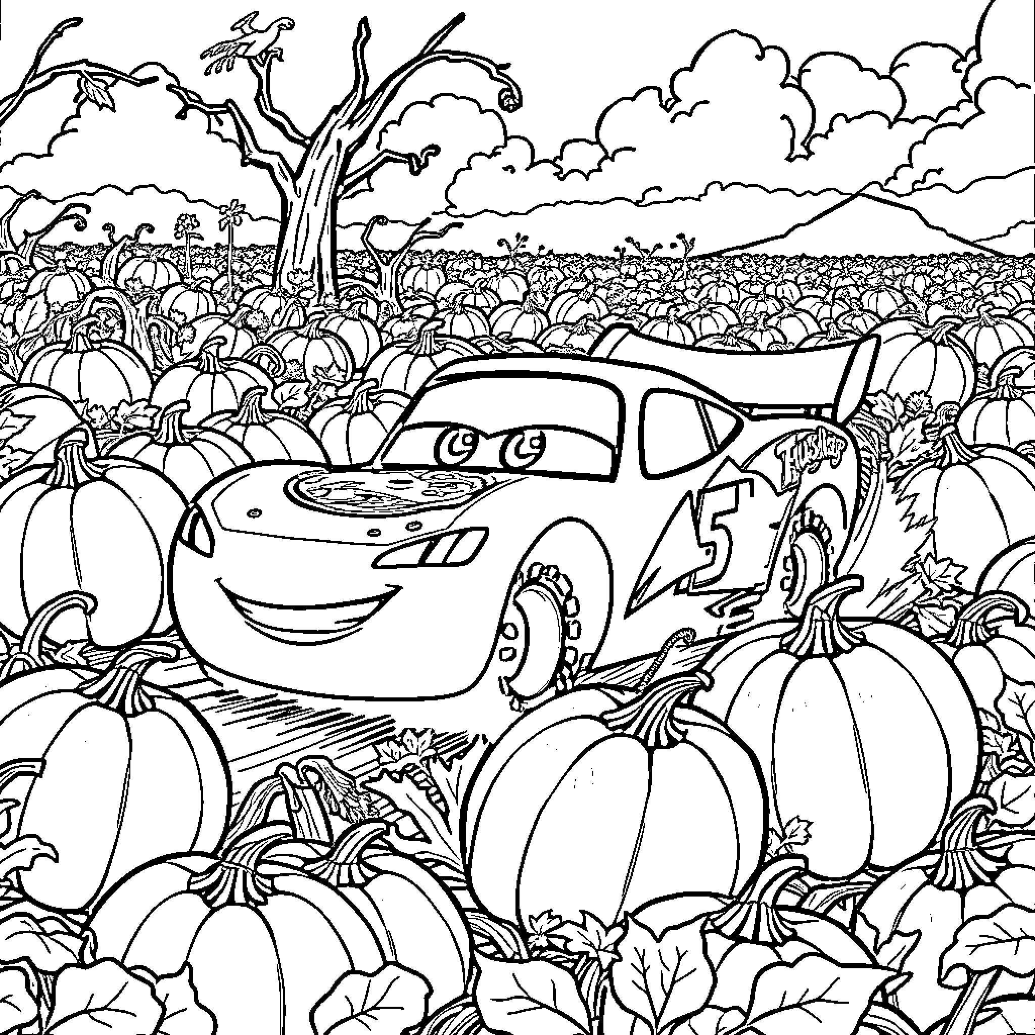 Lightning McQueen in a pumpkin patch Coloring Page (free black-and-white line drawing printable PDF for all, from beginners to advanced learners, including children, teens, adults, and seniors)