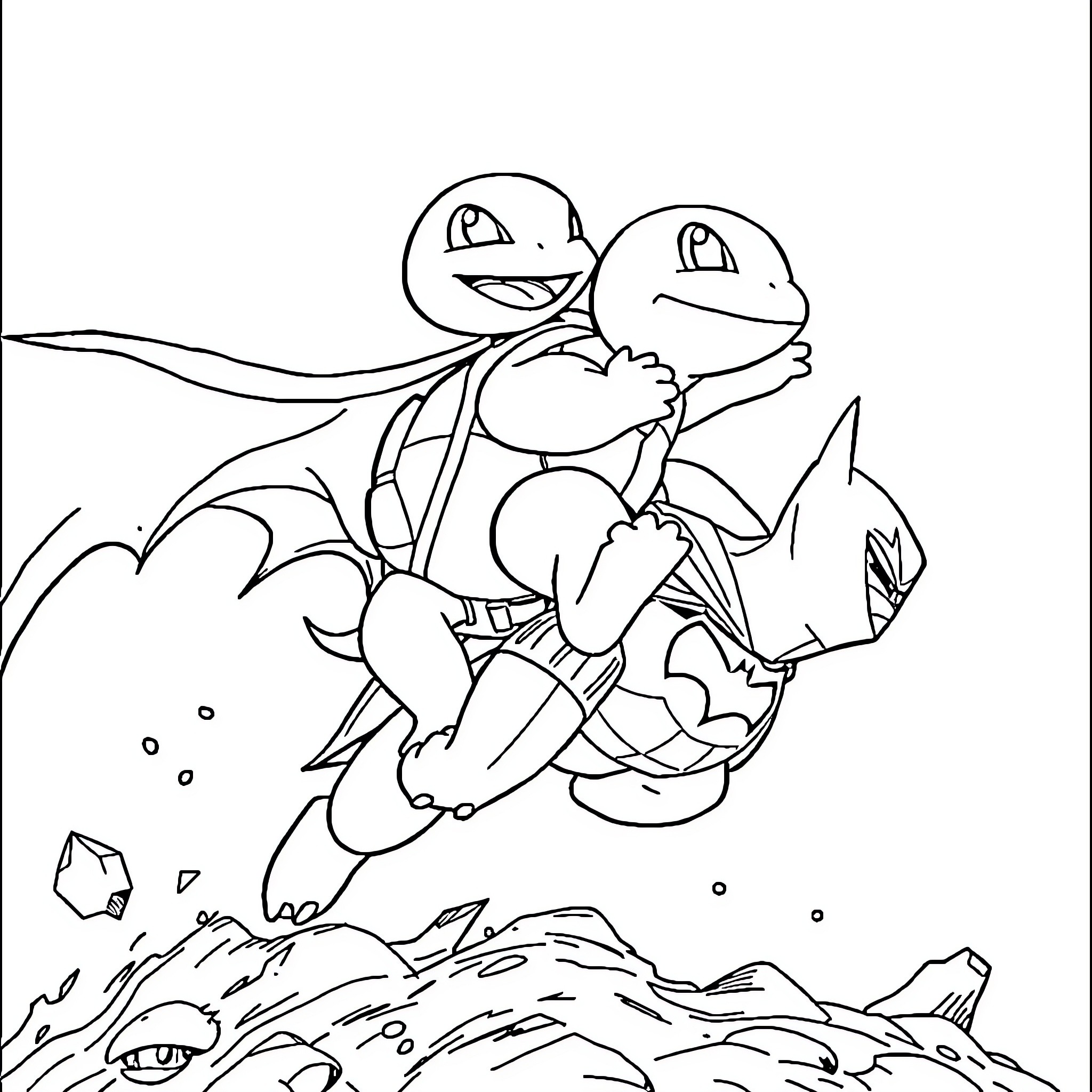 Squirtle exploring the rocky terrain Coloring Page (free black-and-white line drawing printable PDF for all, from beginners to advanced learners, including children, teens, adults, and seniors)