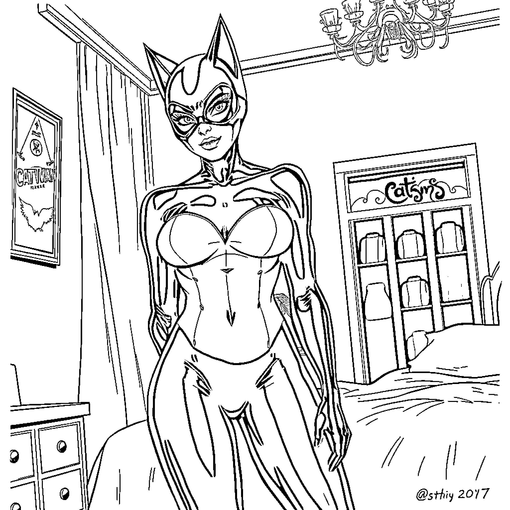 Catwoman in a Seductive Pose in a City Scene Coloring Page (free black-and-white line drawing printable PDF for all, from beginners to advanced learners, including children, teens, adults, and seniors)