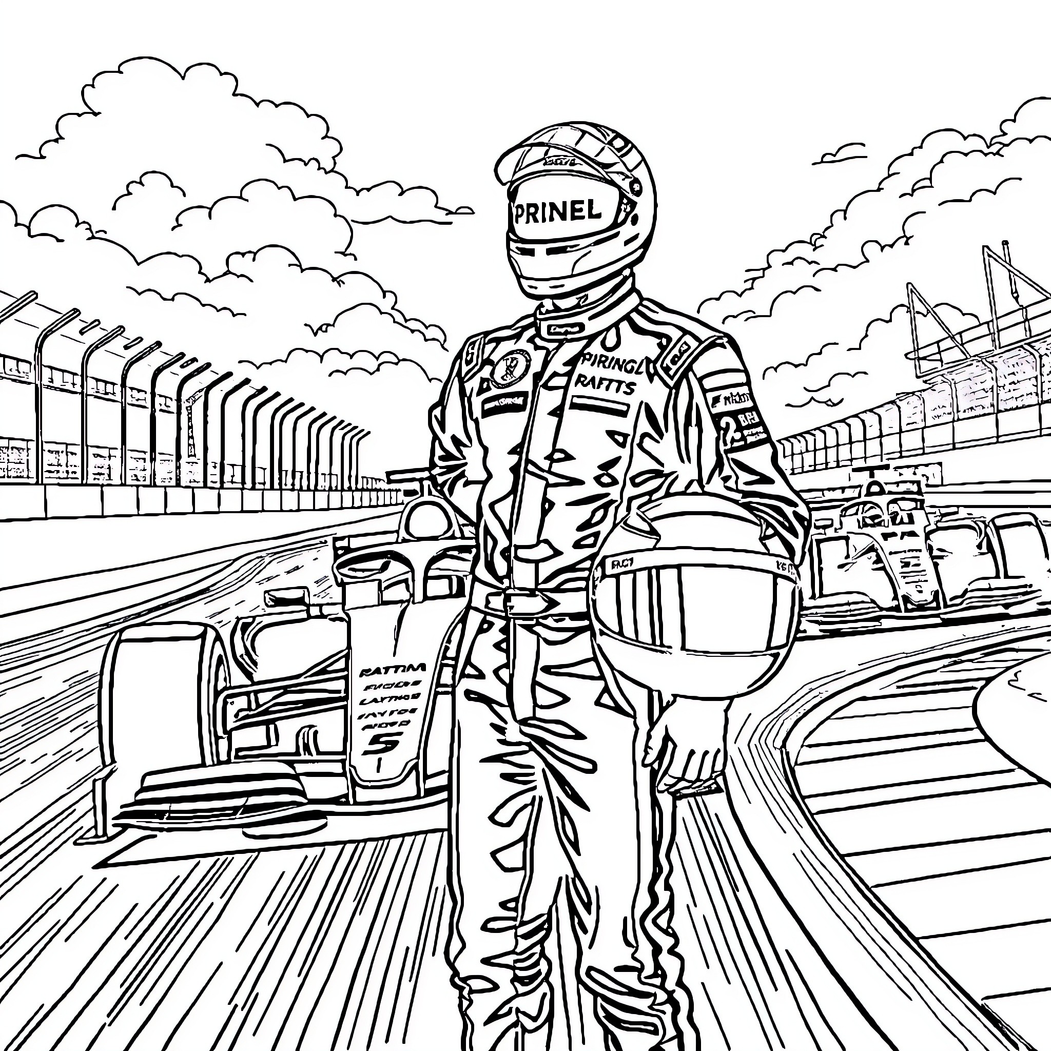 F1 Racer on the Race Track Coloring Page (free black-and-white line drawing printable PDF for all, from beginners to advanced learners, including children, teens, adults, and seniors)