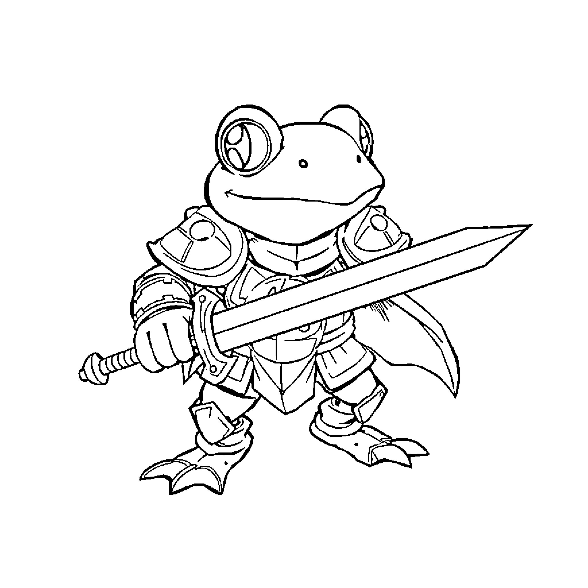 Frog warrior wielding a sword Coloring Page (free black-and-white line drawing printable PDF for all, from beginners to advanced learners, including children, teens, adults, and seniors)