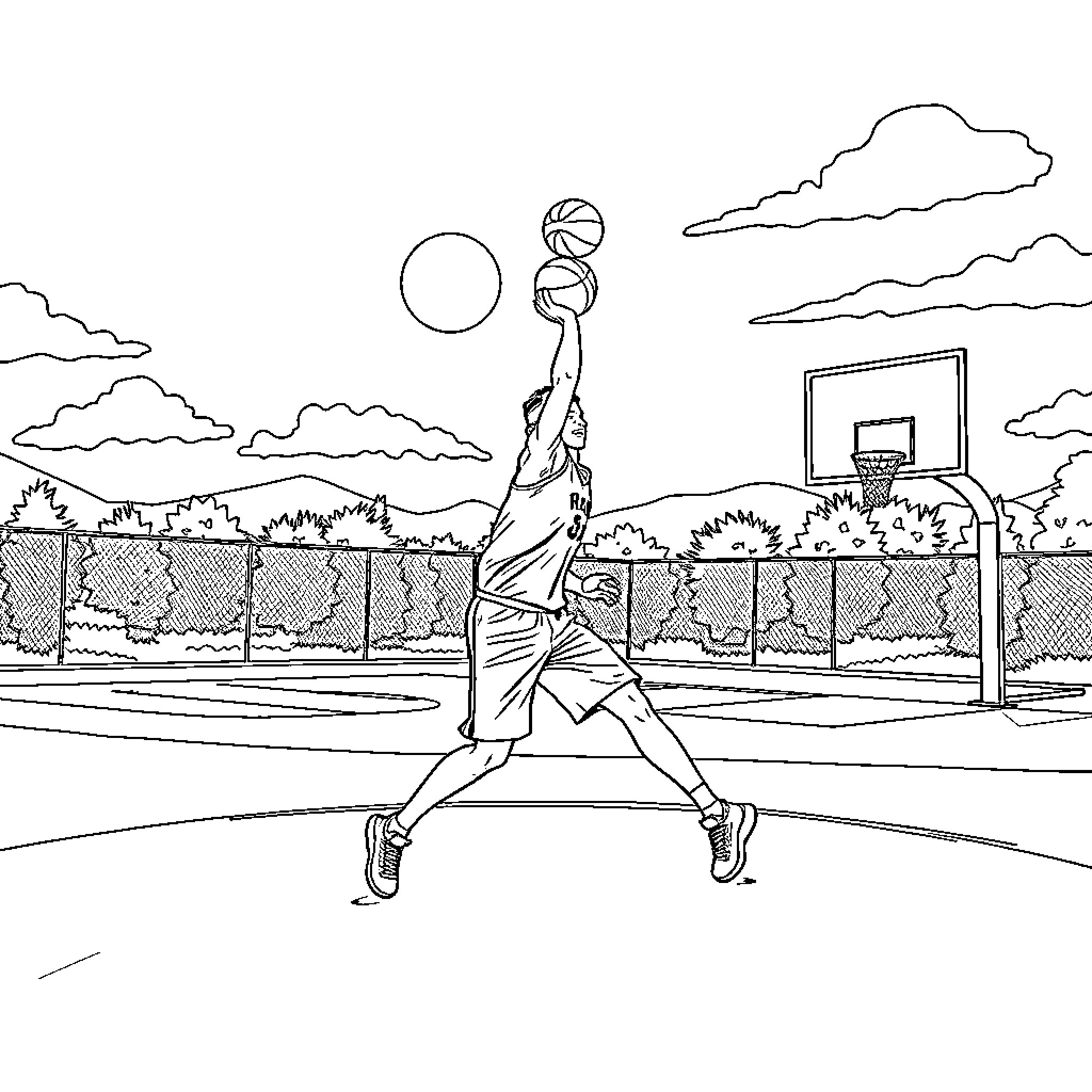 Basketball player in motion on outdoor court Coloring Page (free black-and-white line drawing printable PDF for all, from beginners to advanced learners, including children, teens, adults, and seniors)