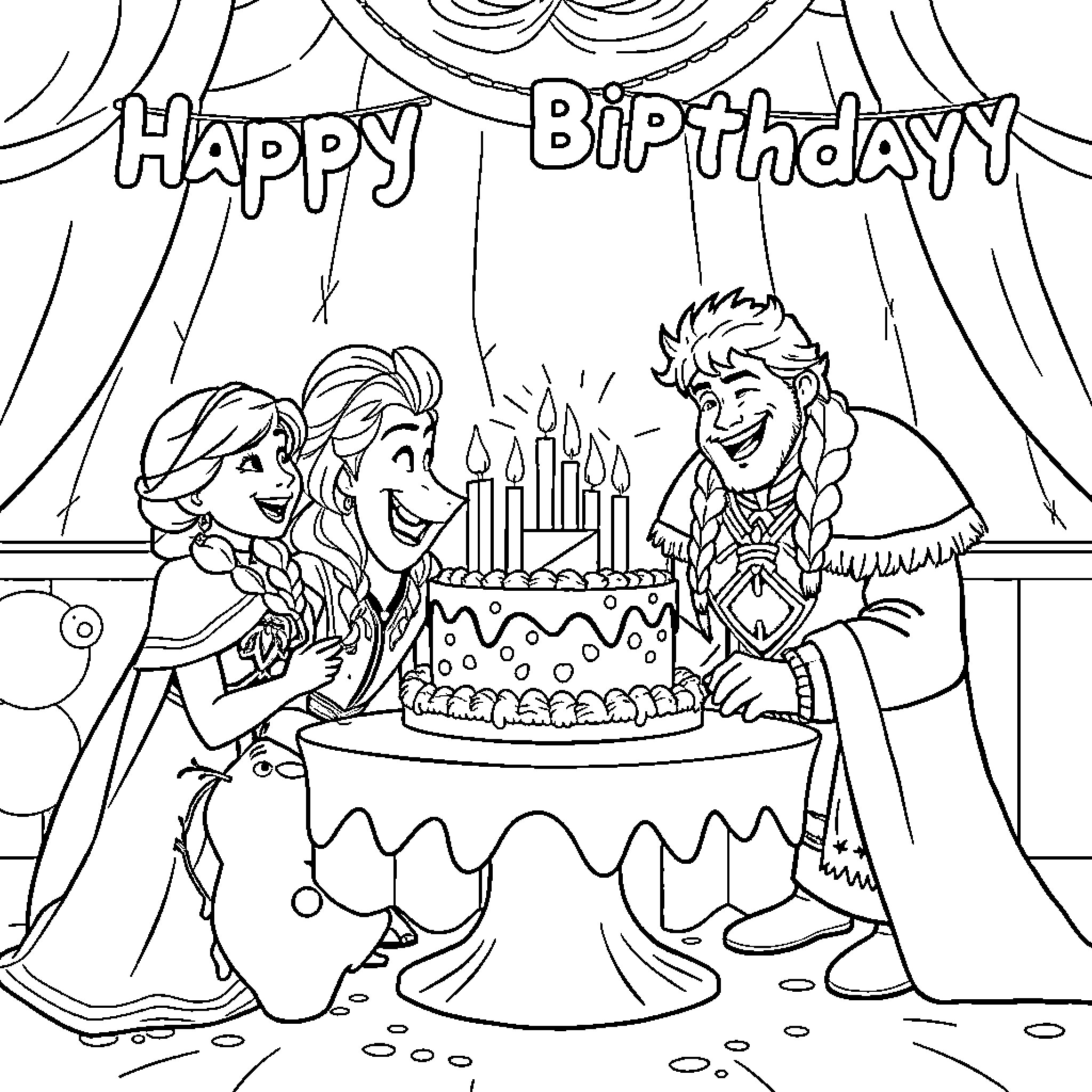 Frozen characters celebrating birthday party Coloring Page (free black-and-white line drawing printable PDF for all, from beginners to advanced learners, including children, teens, adults, and seniors)
