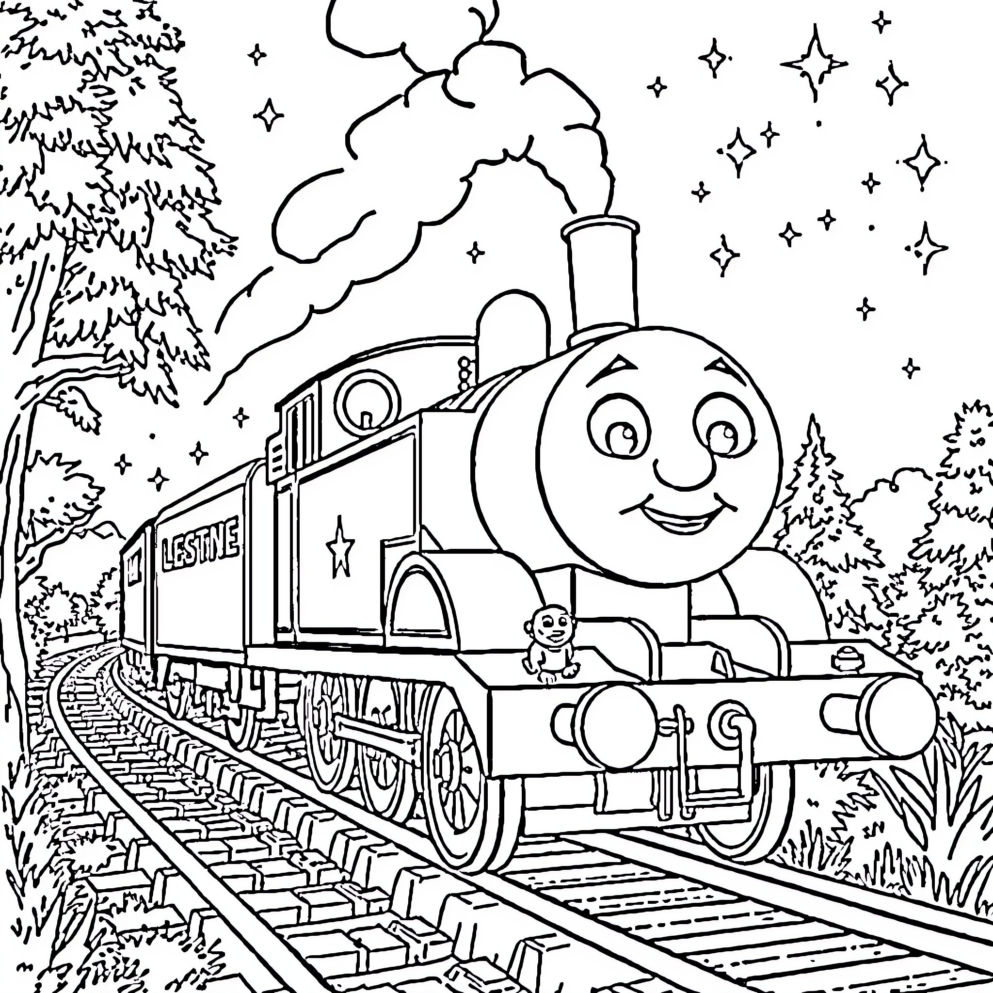 Thomas the Tank Engine's Joyful Journey through the Countryside Coloring Page (free black-and-white line drawing printable PDF for all, from beginners to advanced learners, including children, teens, adults, and seniors)