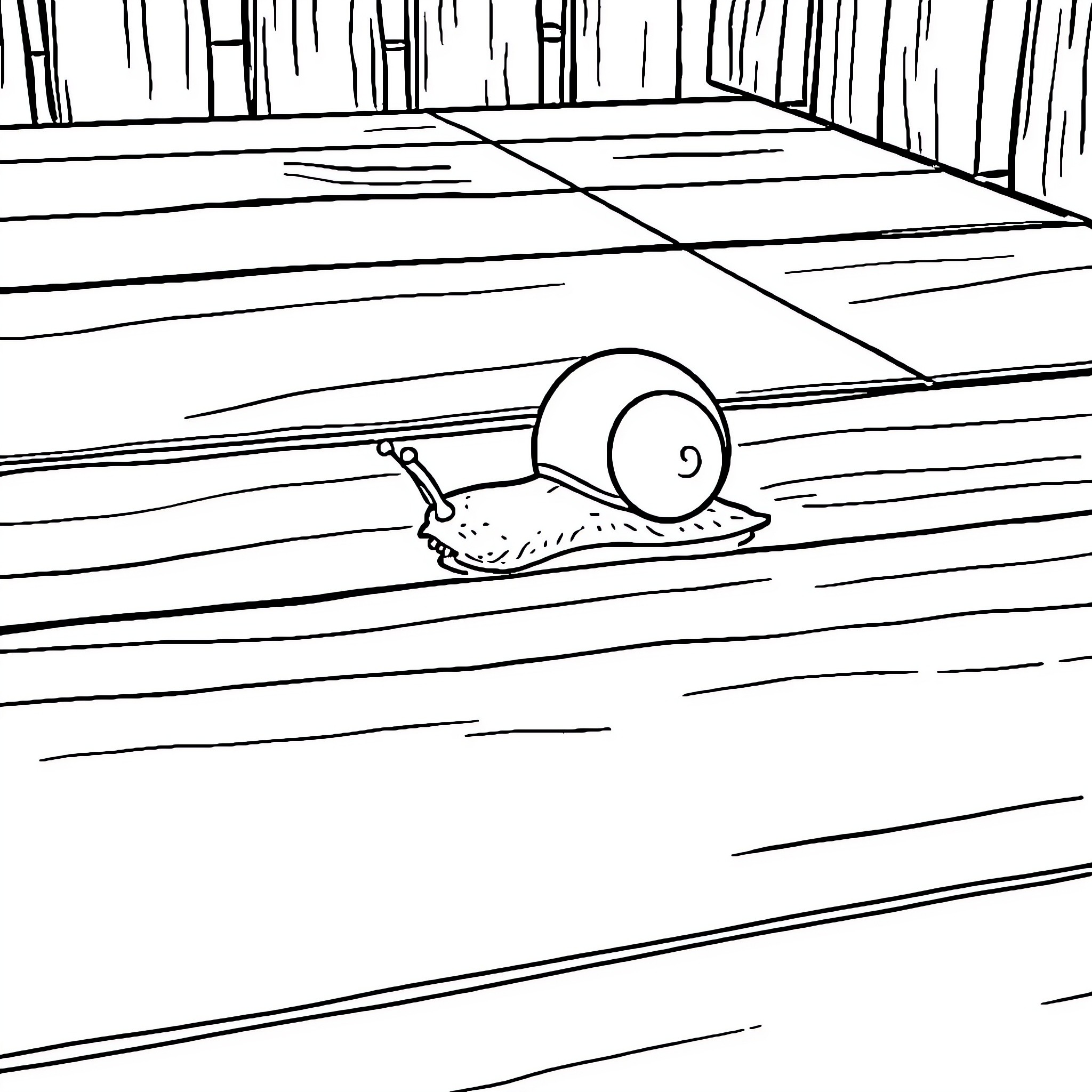 Snail crawling on wooden planks Coloring Page (free black-and-white line drawing printable PDF for all, from beginners to advanced learners, including children, teens, adults, and seniors)