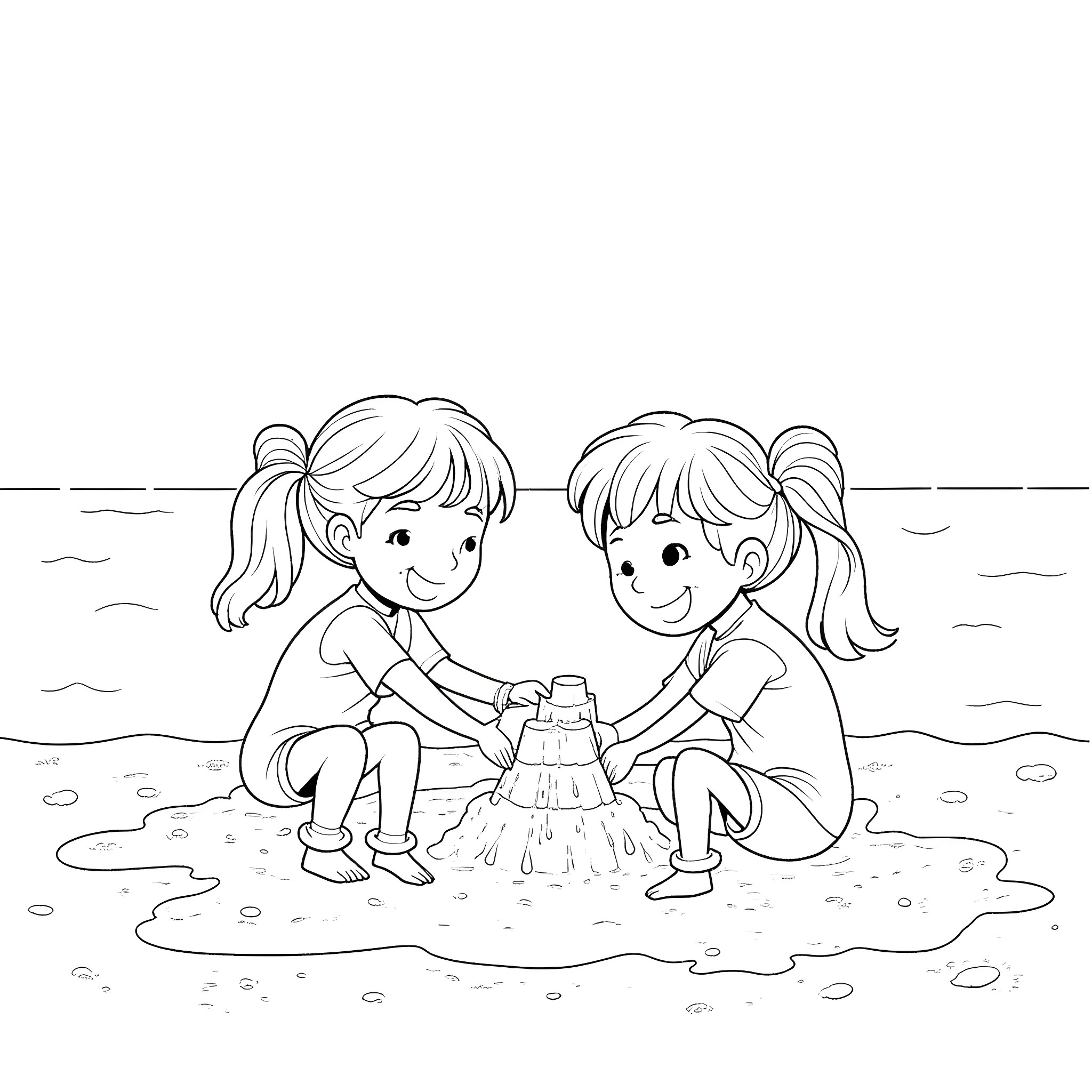 Sister playing with sand on the beach Coloring Page (free black-and-white line drawing printable PDF for all, from beginners to advanced learners, including children, teens, adults, and seniors)