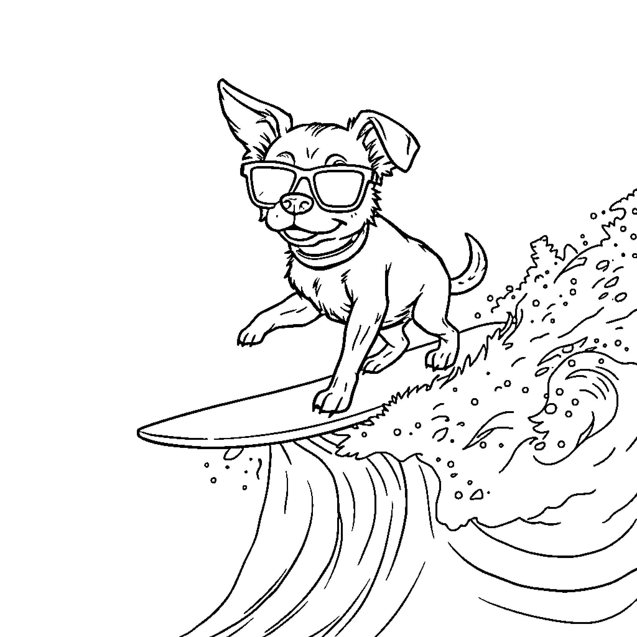 Dog riding a surfboard in the waves Coloring Page (free black-and-white line drawing printable PDF for all, from beginners to advanced learners, including children, teens, adults, and seniors)