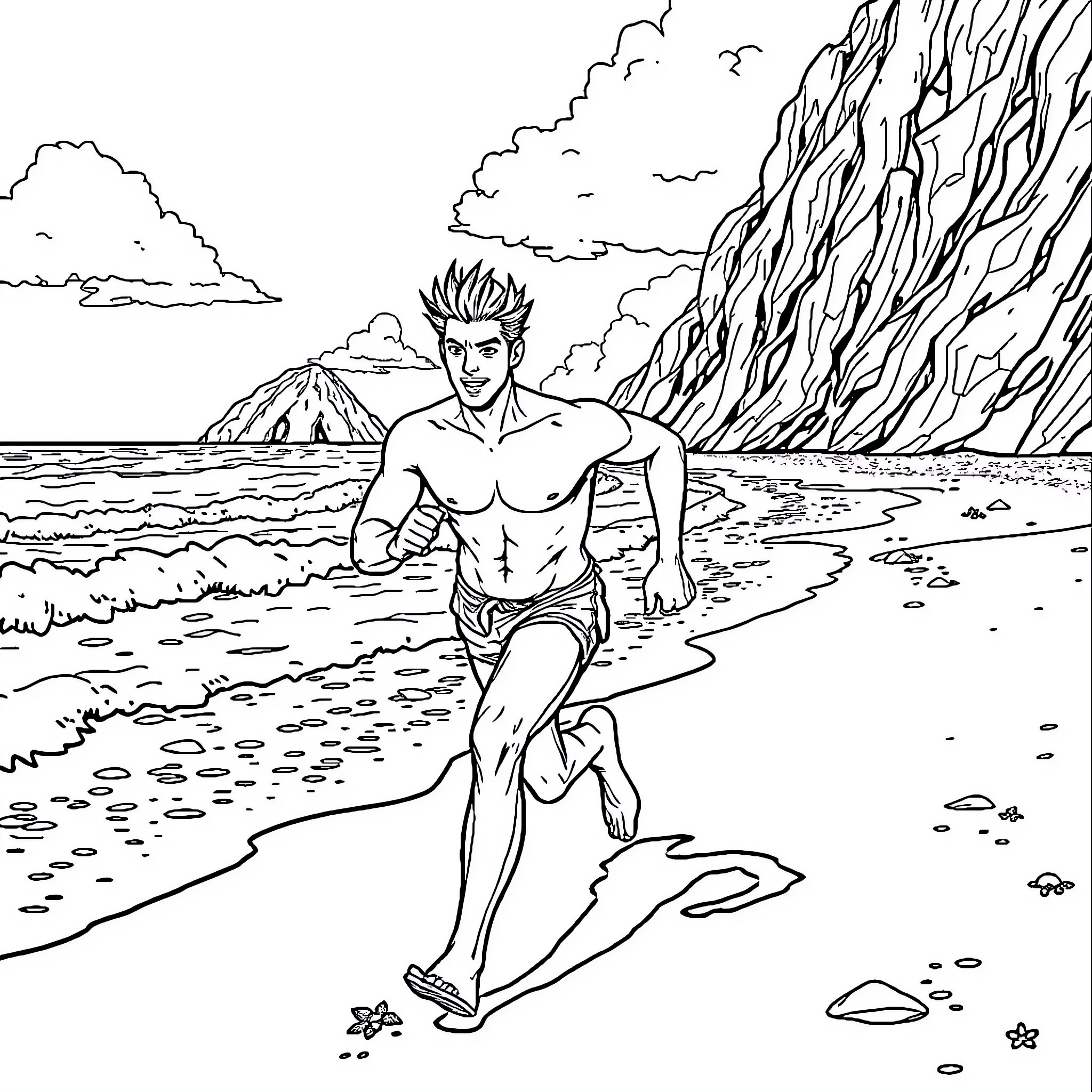 Gojo enjoys a peaceful stroll along the beach Coloring Page (free black-and-white line drawing printable PDF for all, from beginners to advanced learners, including children, teens, adults, and seniors)