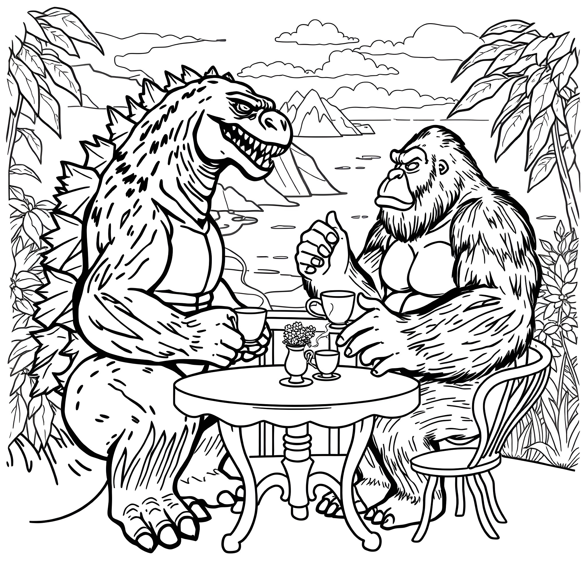 Godzilla and Bigfoot Enjoying Tea Time in the Jungle Coloring Page (free black-and-white line drawing printable PDF for all, from beginners to advanced learners, including children, teens, adults, and seniors)