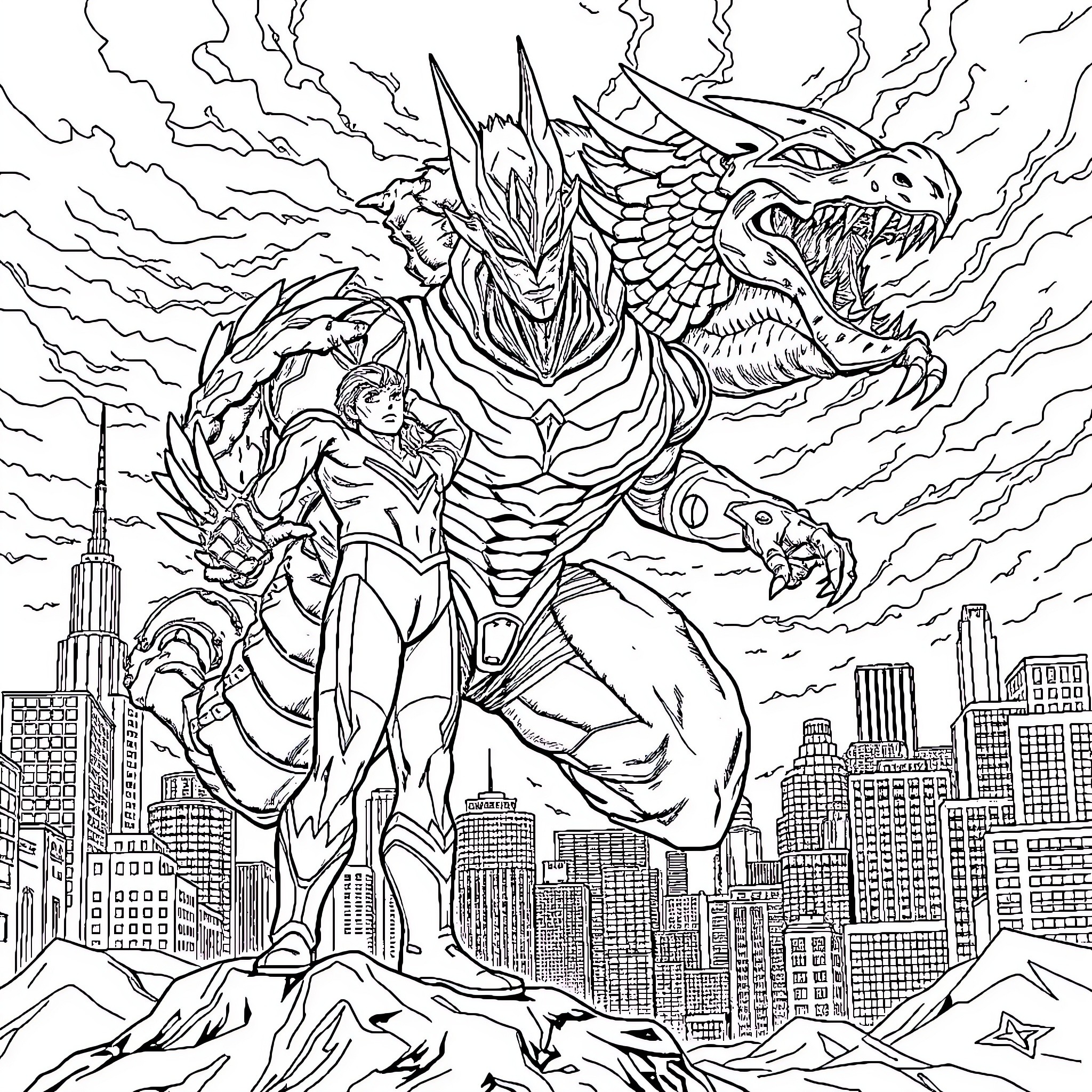 Ultraman battling a fearsome dragon-like creature over a city Coloring Page (free black-and-white line drawing printable PDF for all, from beginners to advanced learners, including children, teens, adults, and seniors)