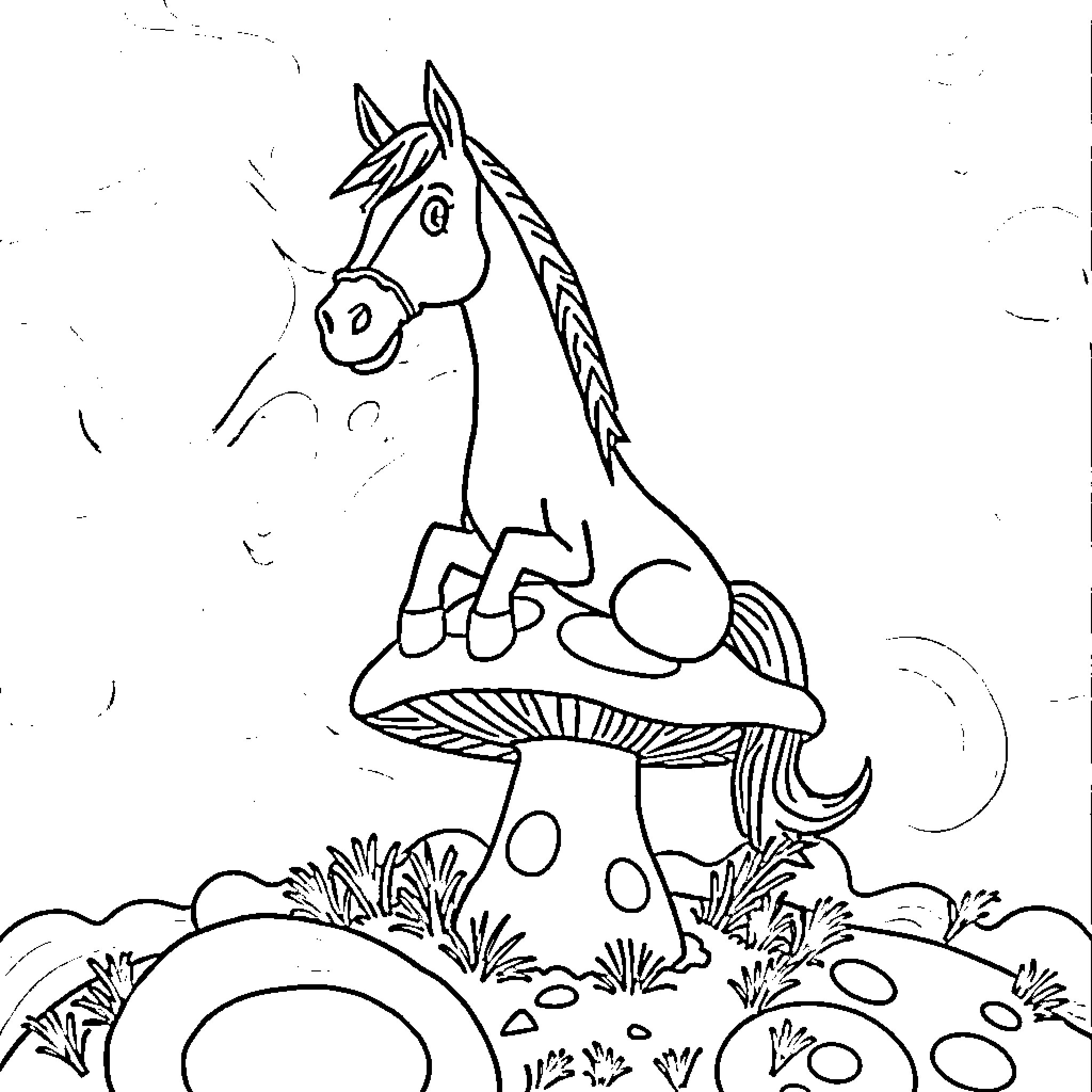 Bojack sitting on a mushroom in the forest Coloring Page (free black-and-white line drawing printable PDF for all, from beginners to advanced learners, including children, teens, adults, and seniors)
