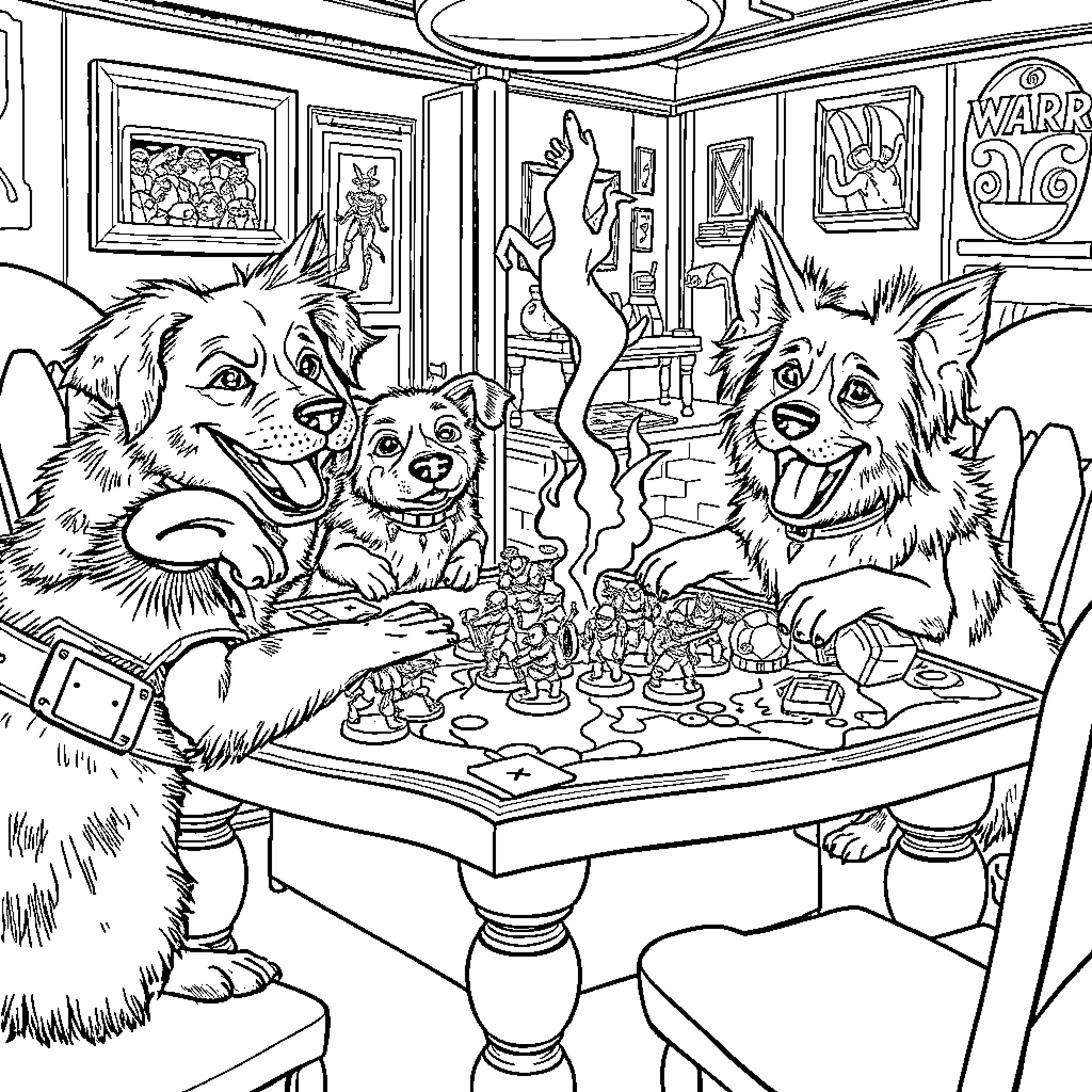 Dogs Playing Lively Board Game in Cozy Room Coloring Page (free black-and-white line drawing printable PDF for all, from beginners to advanced learners, including children, teens, adults, and seniors)