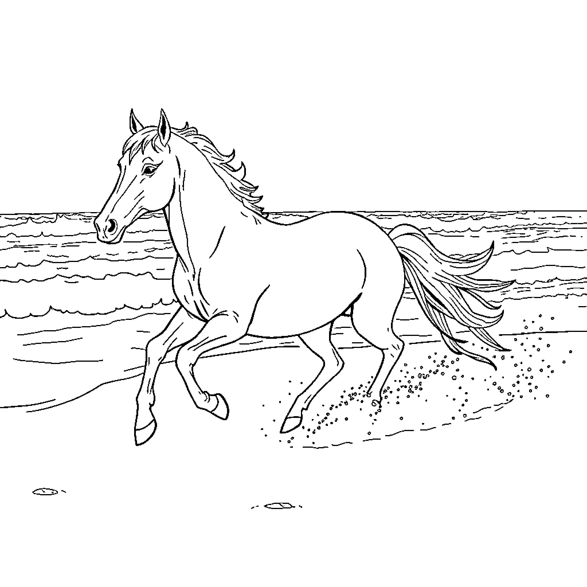 Horse galloping along the beach Coloring Page (free black-and-white line drawing printable PDF for all, from beginners to advanced learners, including children, teens, adults, and seniors)