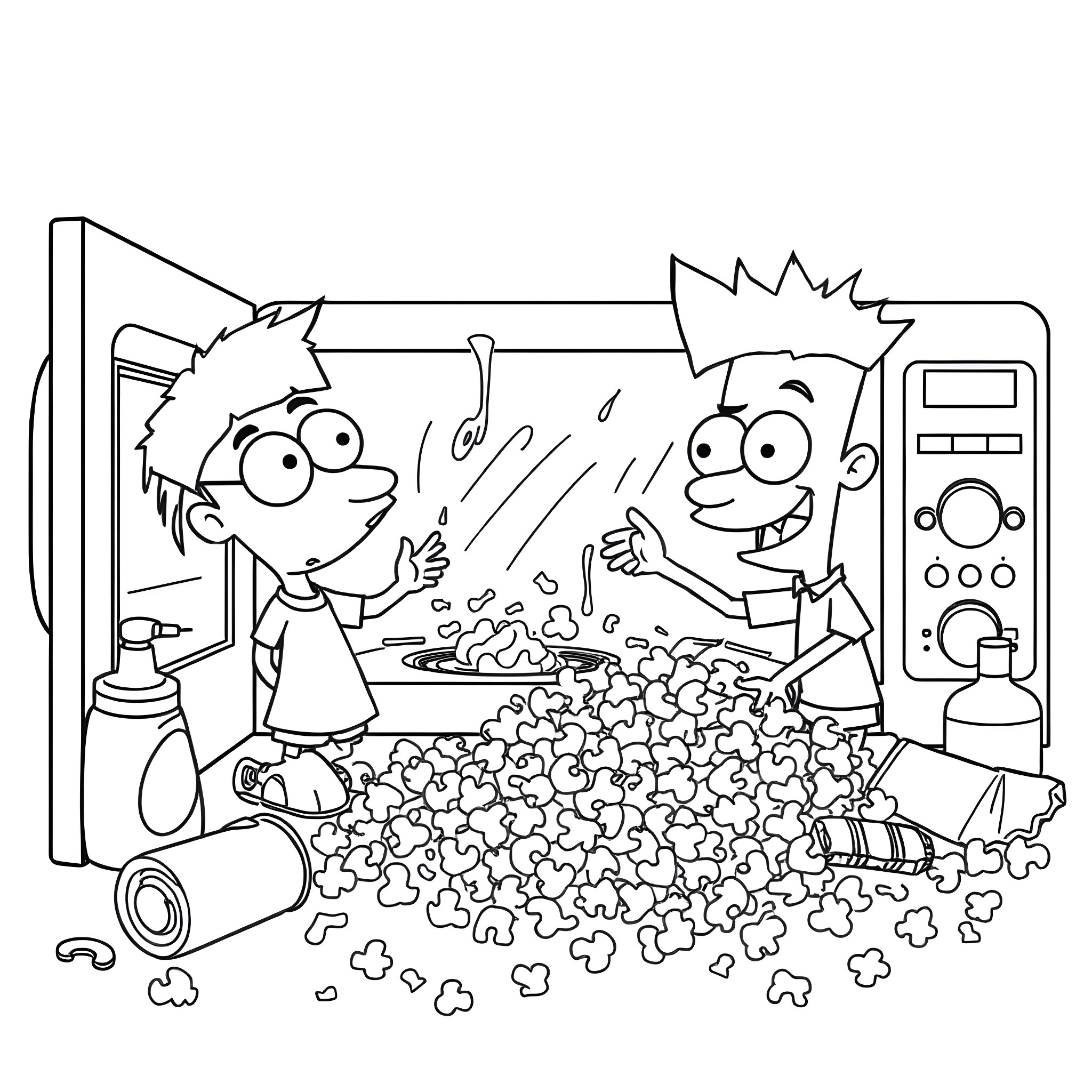 Phineas and Ferb's Popcorn Chaos Coloring Page (free black-and-white line drawing printable PDF for all, from beginners to advanced learners, including children, teens, adults, and seniors)