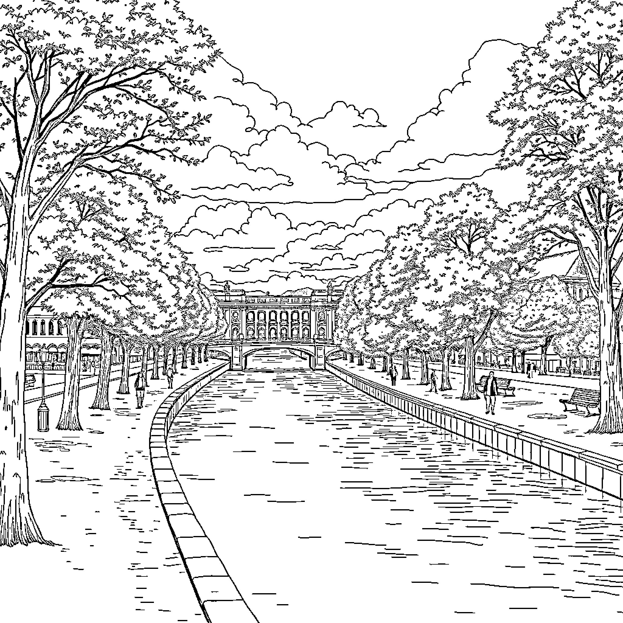 Isar Bridge Scene in Spring Coloring Page (free black-and-white line drawing printable PDF for all, from beginners to advanced learners, including children, teens, adults, and seniors)