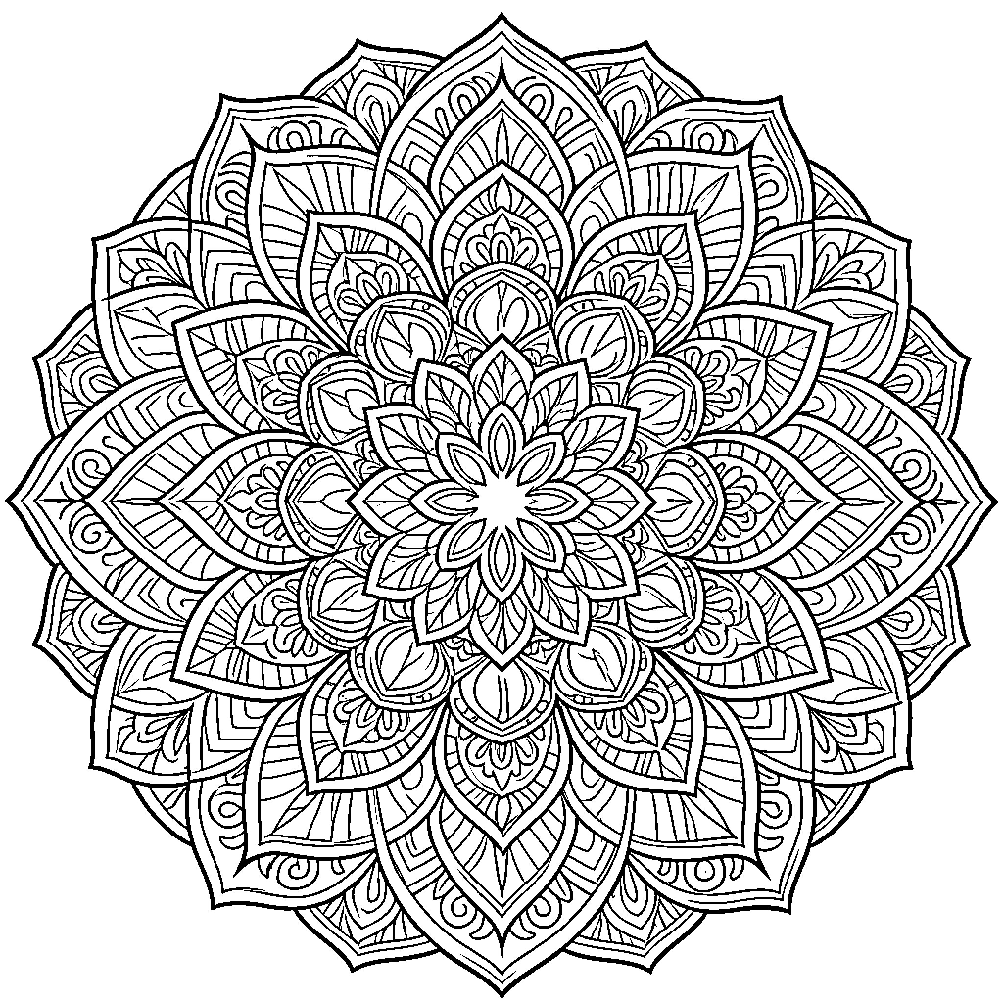 Mandala with intricate floral designs Coloring Page (free black-and-white line drawing printable PDF for all, from beginners to advanced learners, including children, teens, adults, and seniors)