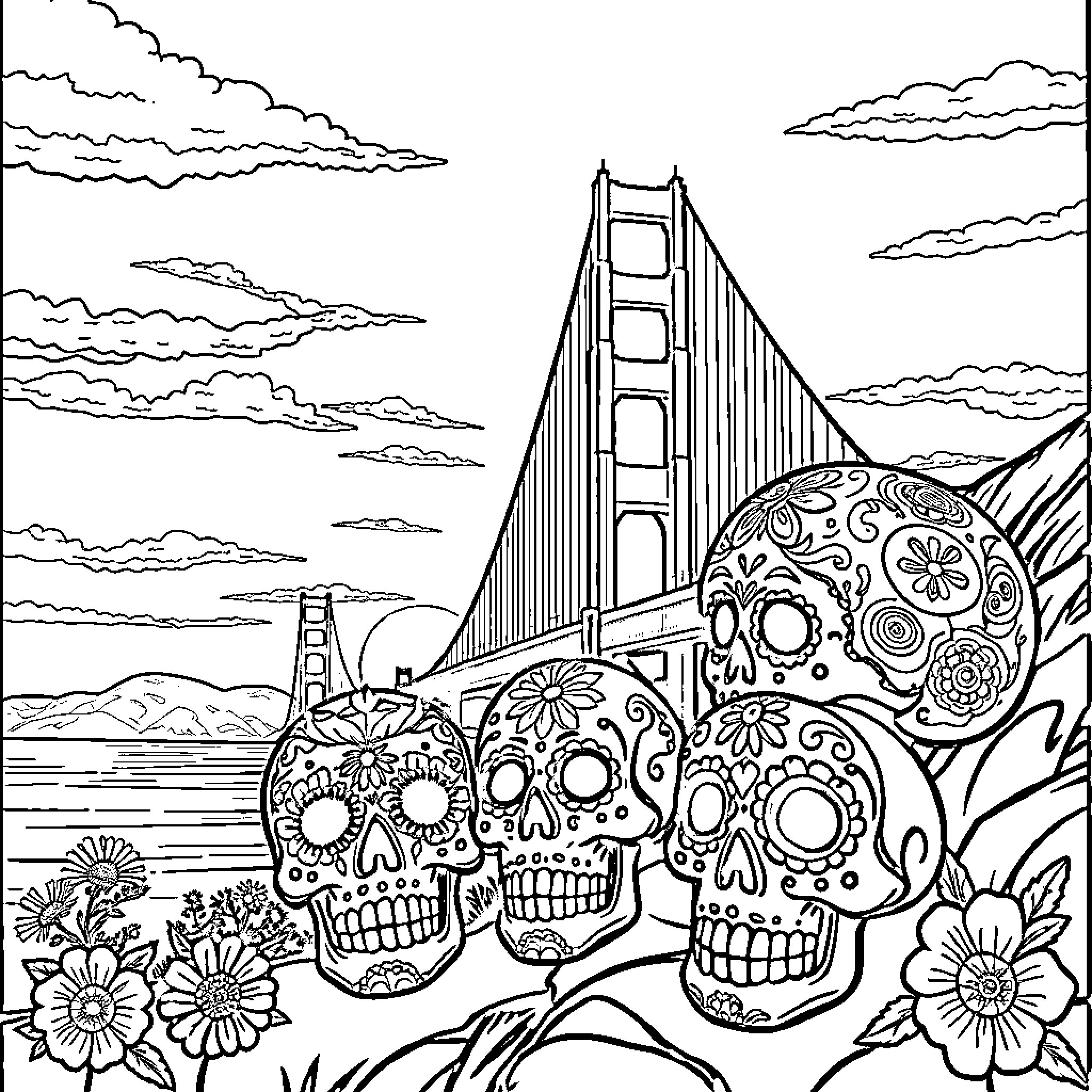 Sugar Skull Landscape with Golden Gate Bridge Coloring Page (free black-and-white line drawing printable PDF for all, from beginners to advanced learners, including children, teens, adults, and seniors)