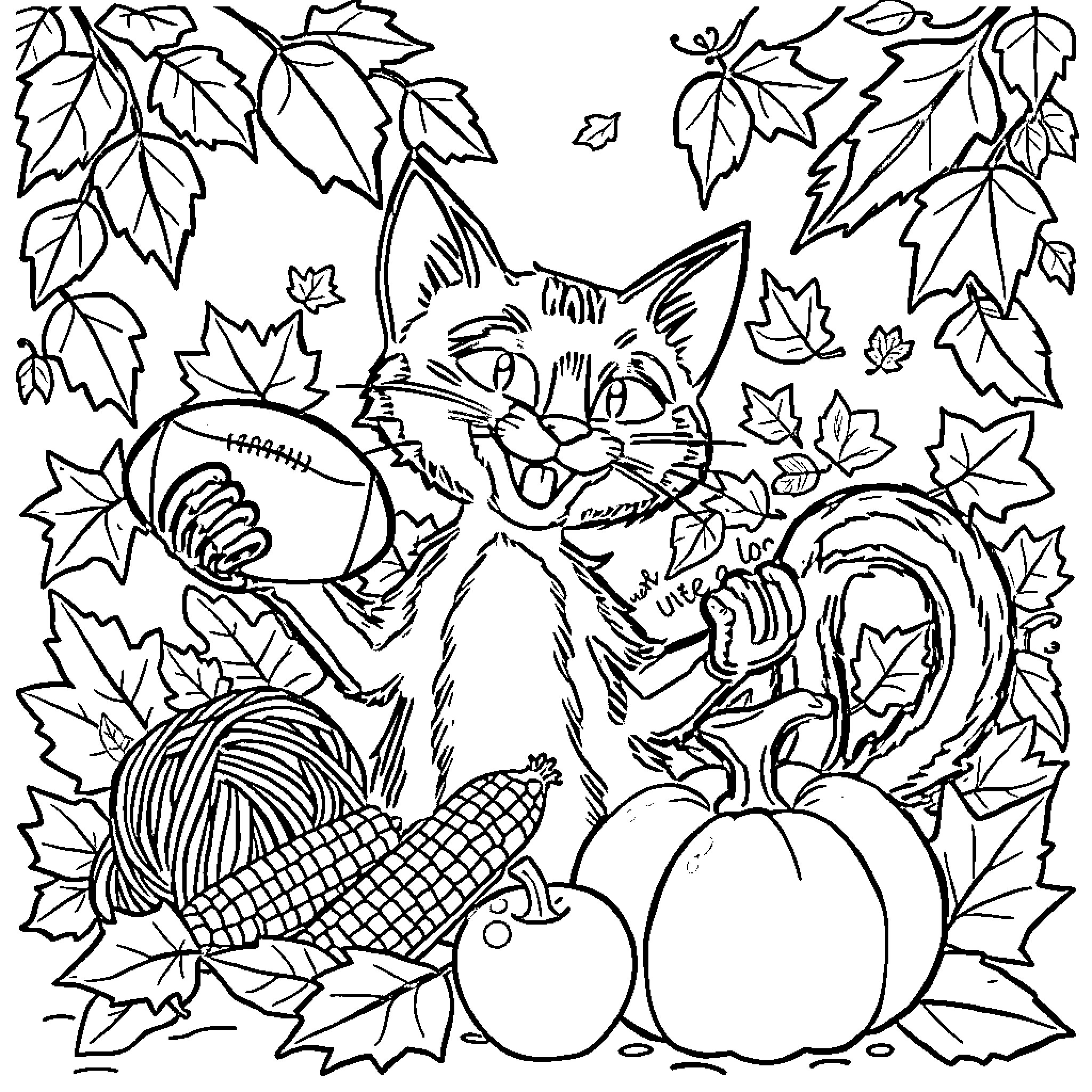 Pete the Cat Enjoying Autumn Leaves and Pumpkins Coloring Page (free black-and-white line drawing printable PDF for all, from beginners to advanced learners, including children, teens, adults, and seniors)