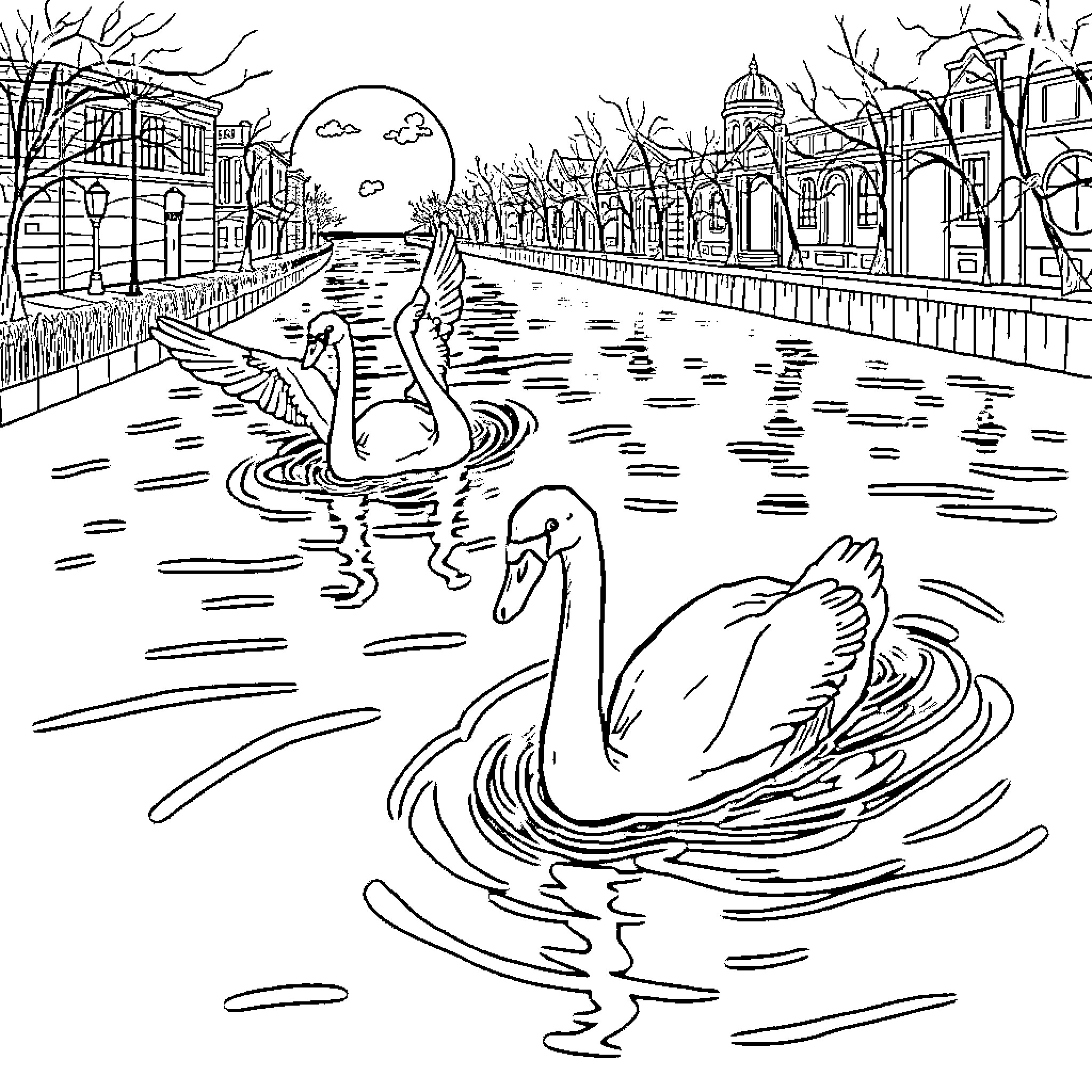 Swans swimming gracefully in a canal with cityscape Coloring Page (free black-and-white line drawing printable PDF for all, from beginners to advanced learners, including children, teens, adults, and seniors)